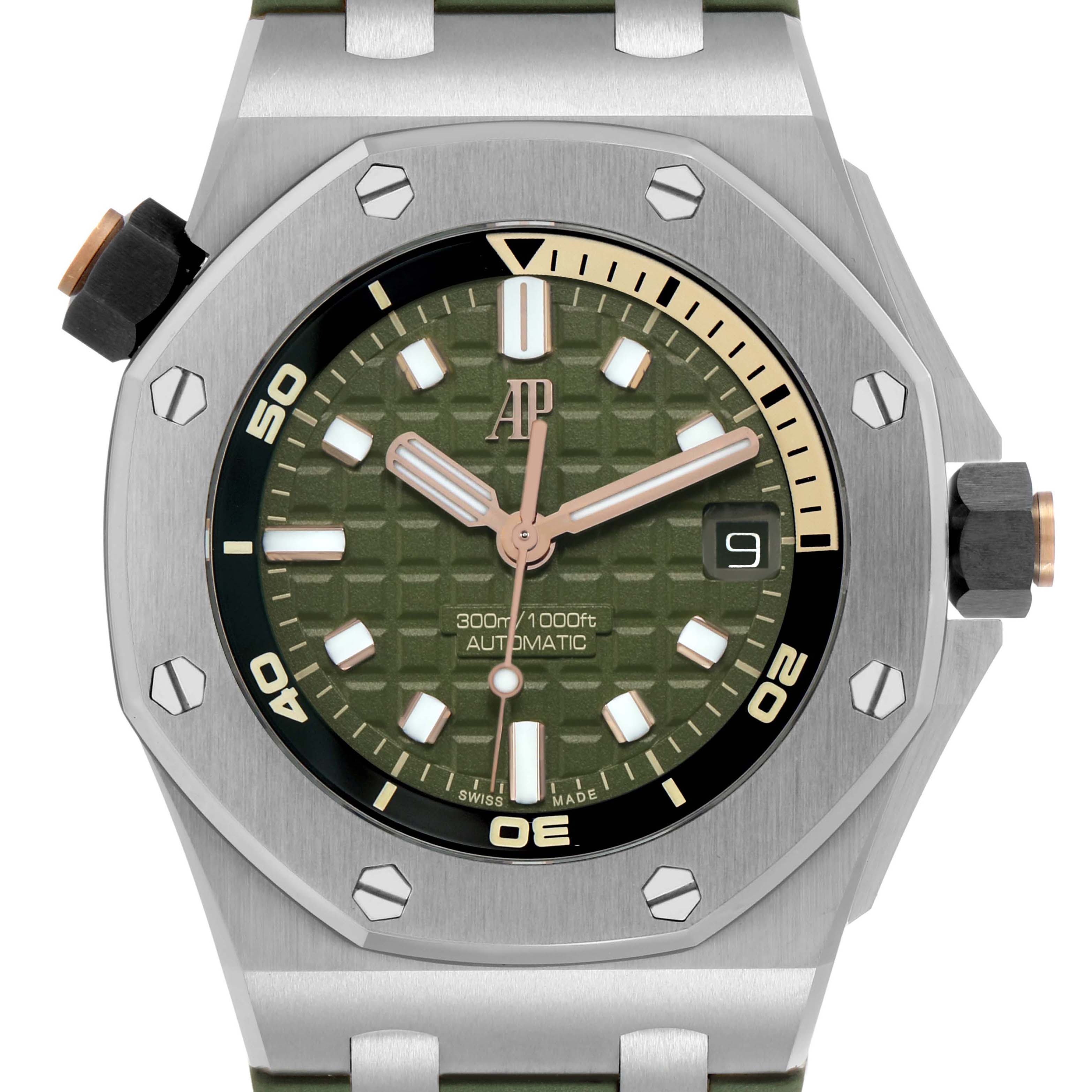 The watch is shown from a front angle, highlighting the dial, bezel, and crown of the Audemars Piguet Royal Oak Offshore 15720ST.OO.A052CA.01 Men's Stainless Steel Green Dial model.