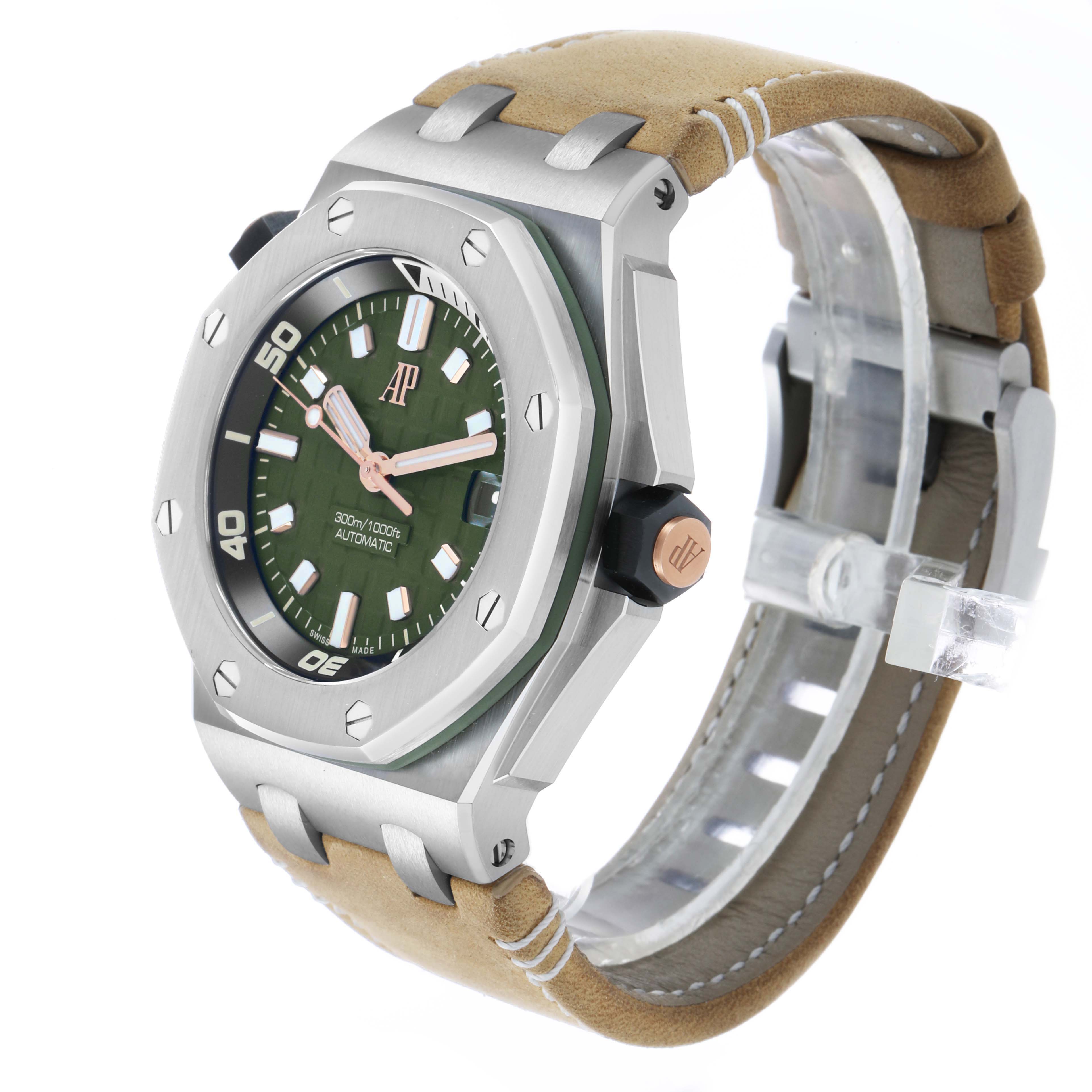 The Audemars Piguet Royal Oak Offshore 15720ST Men's Stainless Steel Green Dial watch is shown at a three-quarter angle, highlighting the bezel, dial, pushers, and strap.
