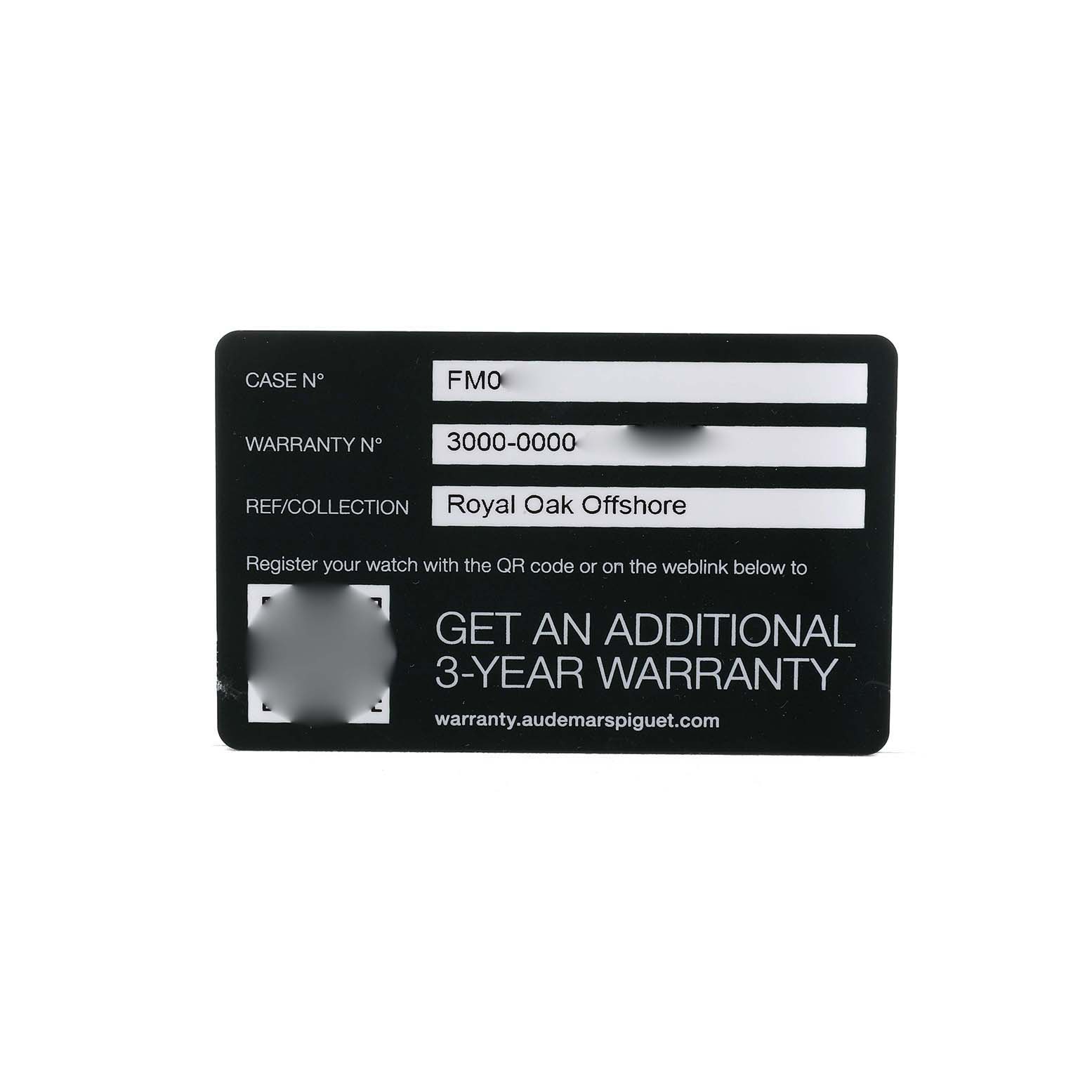 The image shows a warranty card for a Royal Oak Offshore model by Audemars Piguet, featuring case and warranty numbers.