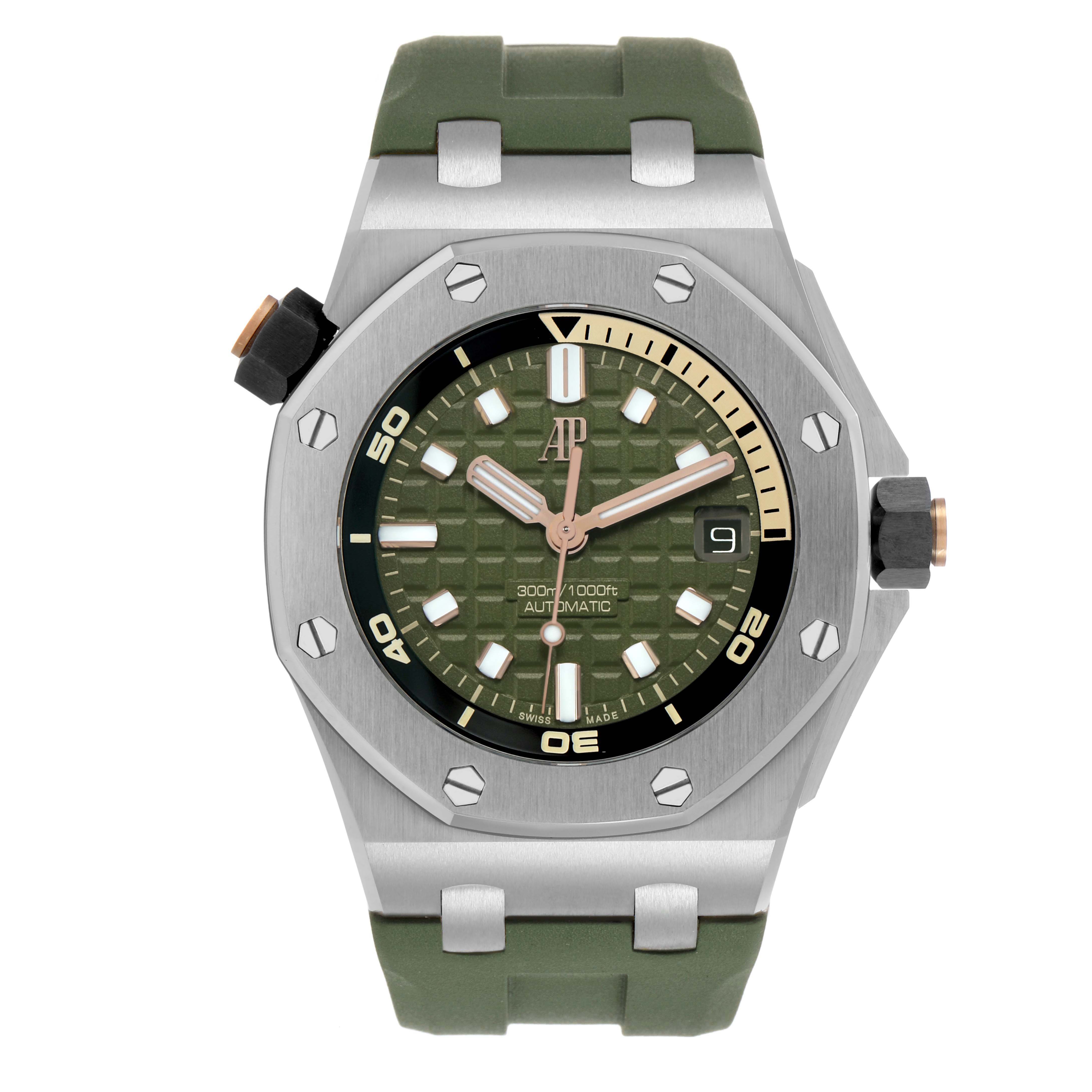 The image shows a frontal view of the Audemars Piguet Royal Oak Offshore 15720ST.OO.A052CA.01 Men's Stainless Steel Green Dial, highlighting its face, bezel, and strap.
