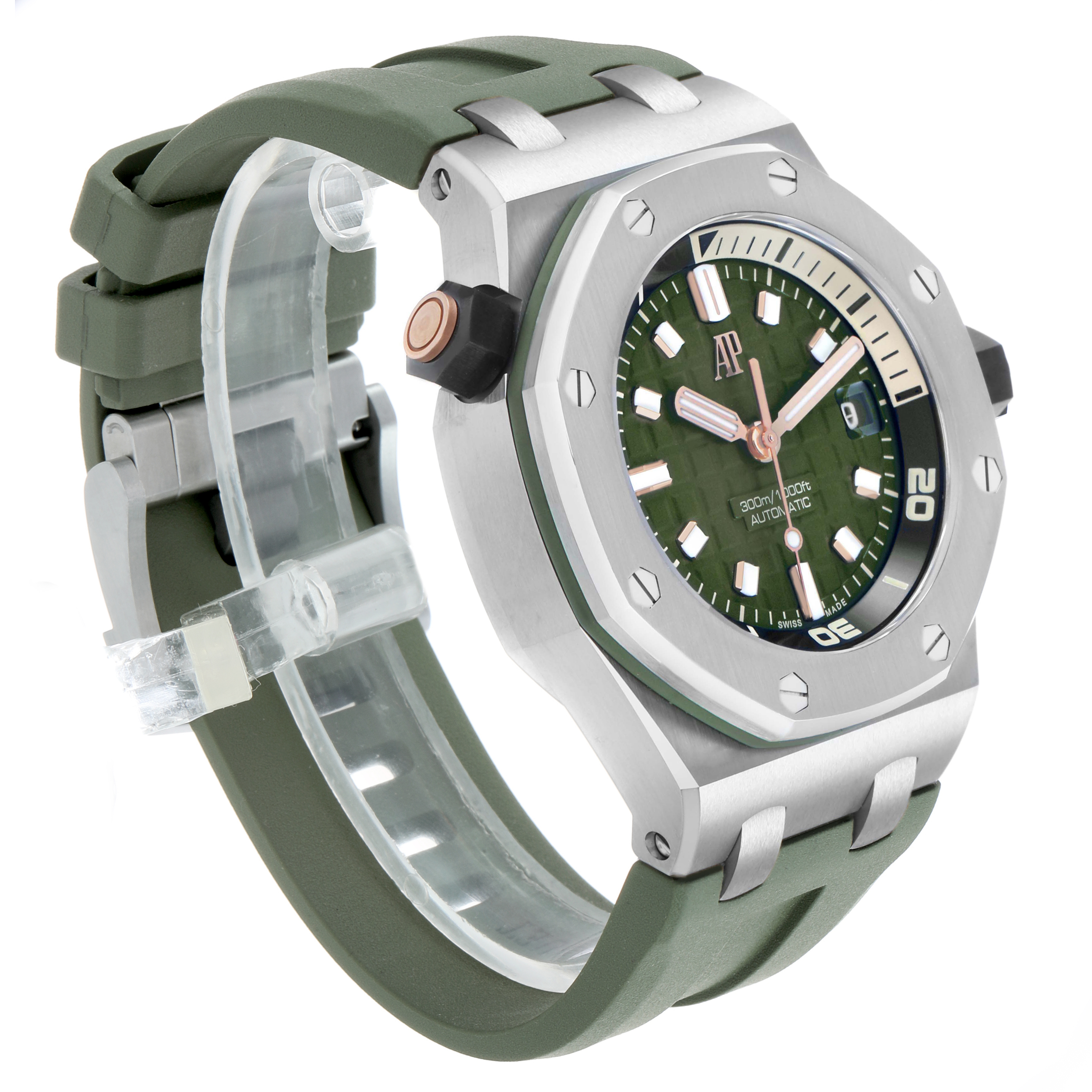 The Audemars Piguet Royal Oak Offshore 15720ST.OO.A052CA.01 Men's Stainless Steel Green Dial watch is shown at a three-quarter angle, highlighting the dial, bezel, and green strap.