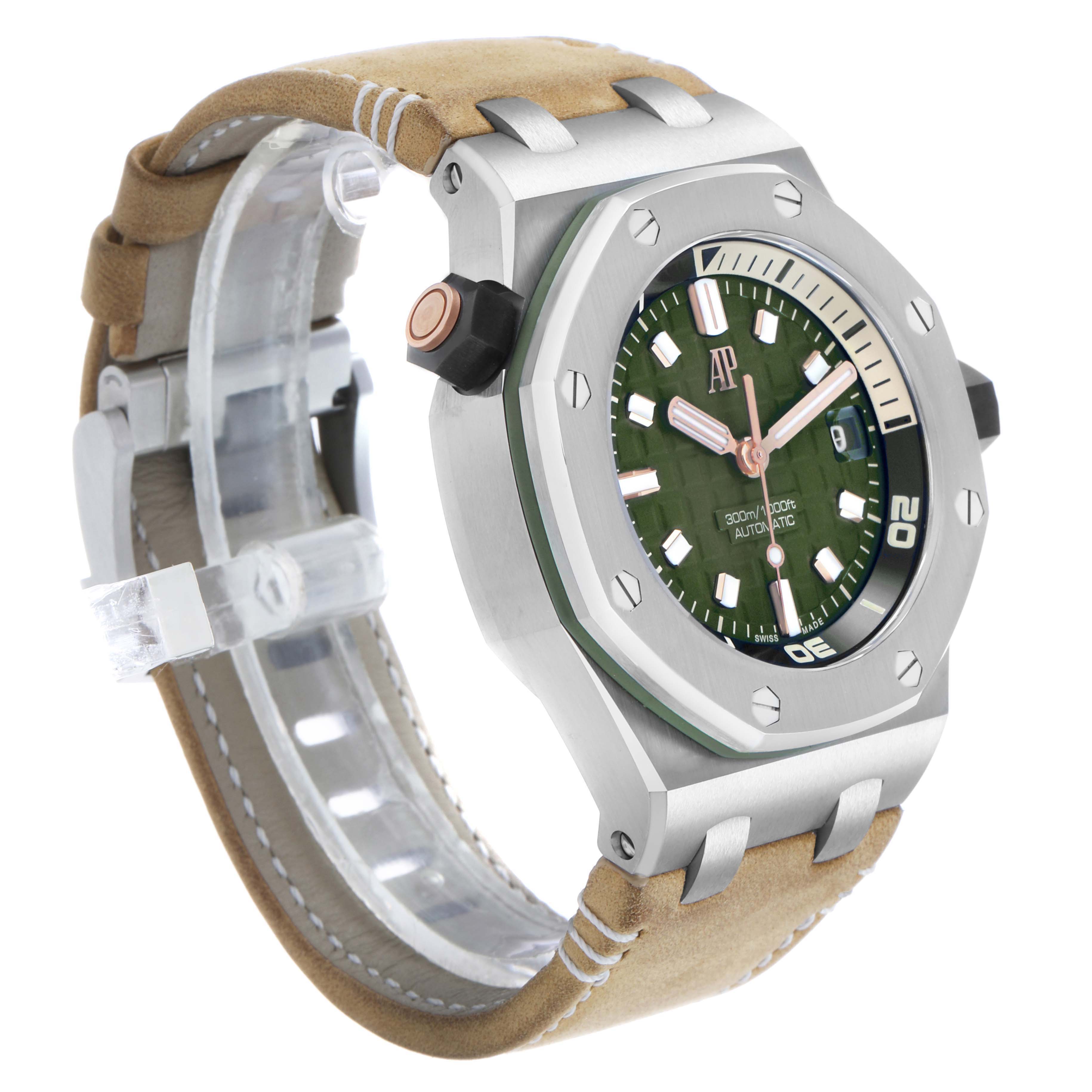 The image shows an Audemars Piguet Royal Oak Offshore 15720ST Men's Stainless Steel Green Dial watch at a three-quarter angle, highlighting the bezel, dial, and strap.