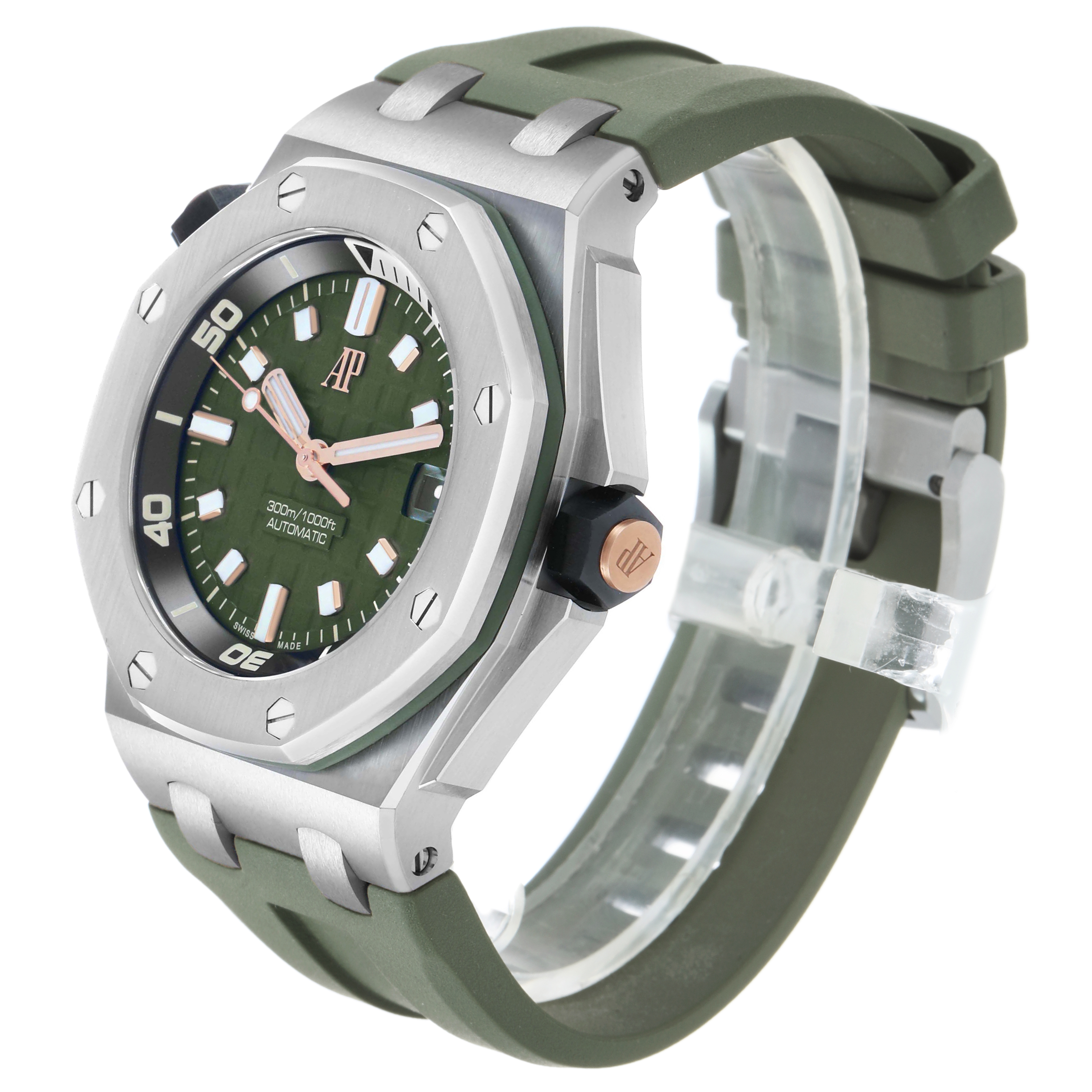 The image shows a Royal Oak Offshore by Audemars Piguet at a three-quarter angle, highlighting its bezel, green strap, and crown.