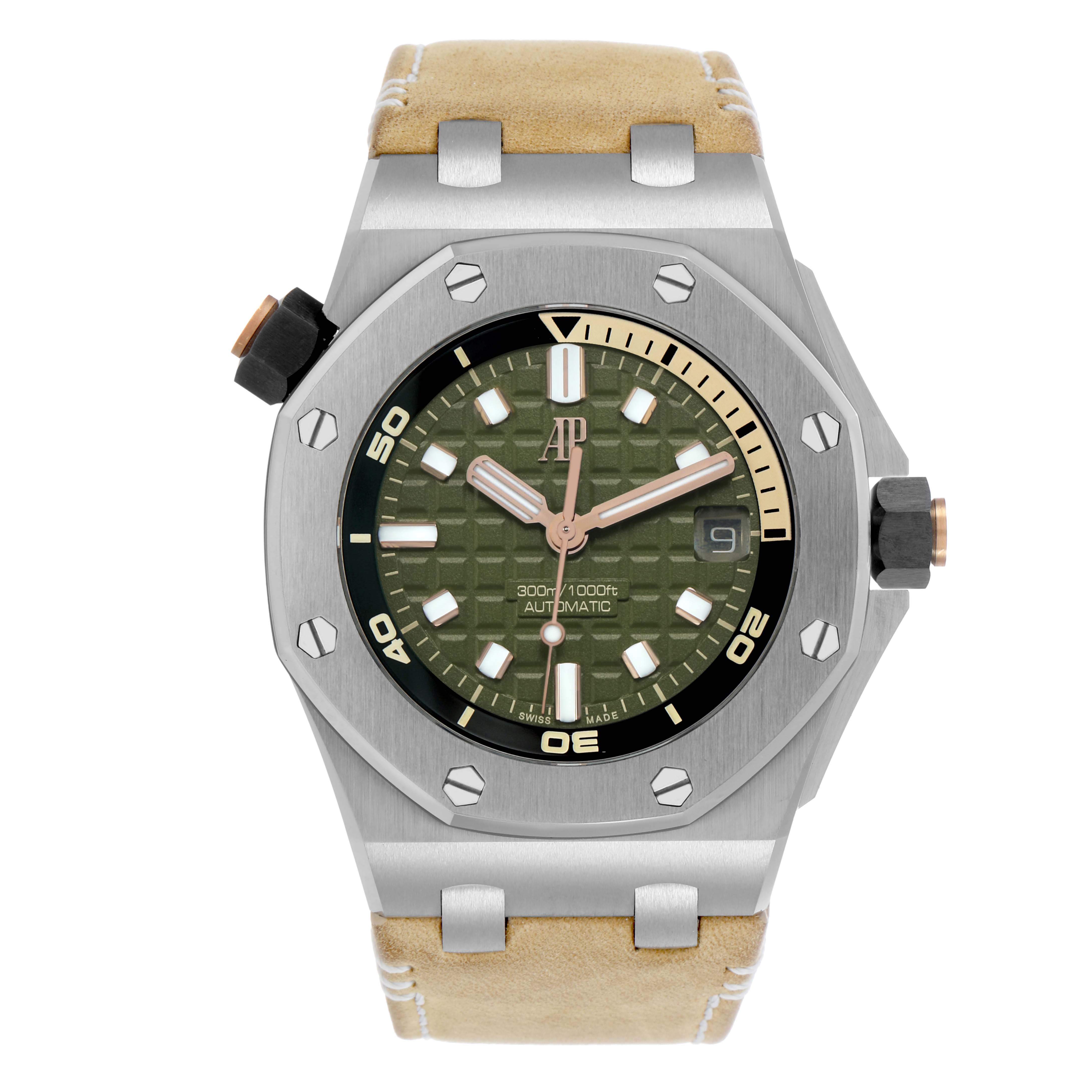 The image shows a frontal view of the Audemars Piguet Royal Oak Offshore 15720ST Men's Stainless Steel Green Dial, displaying its dial, bezel, and strap attachment.
