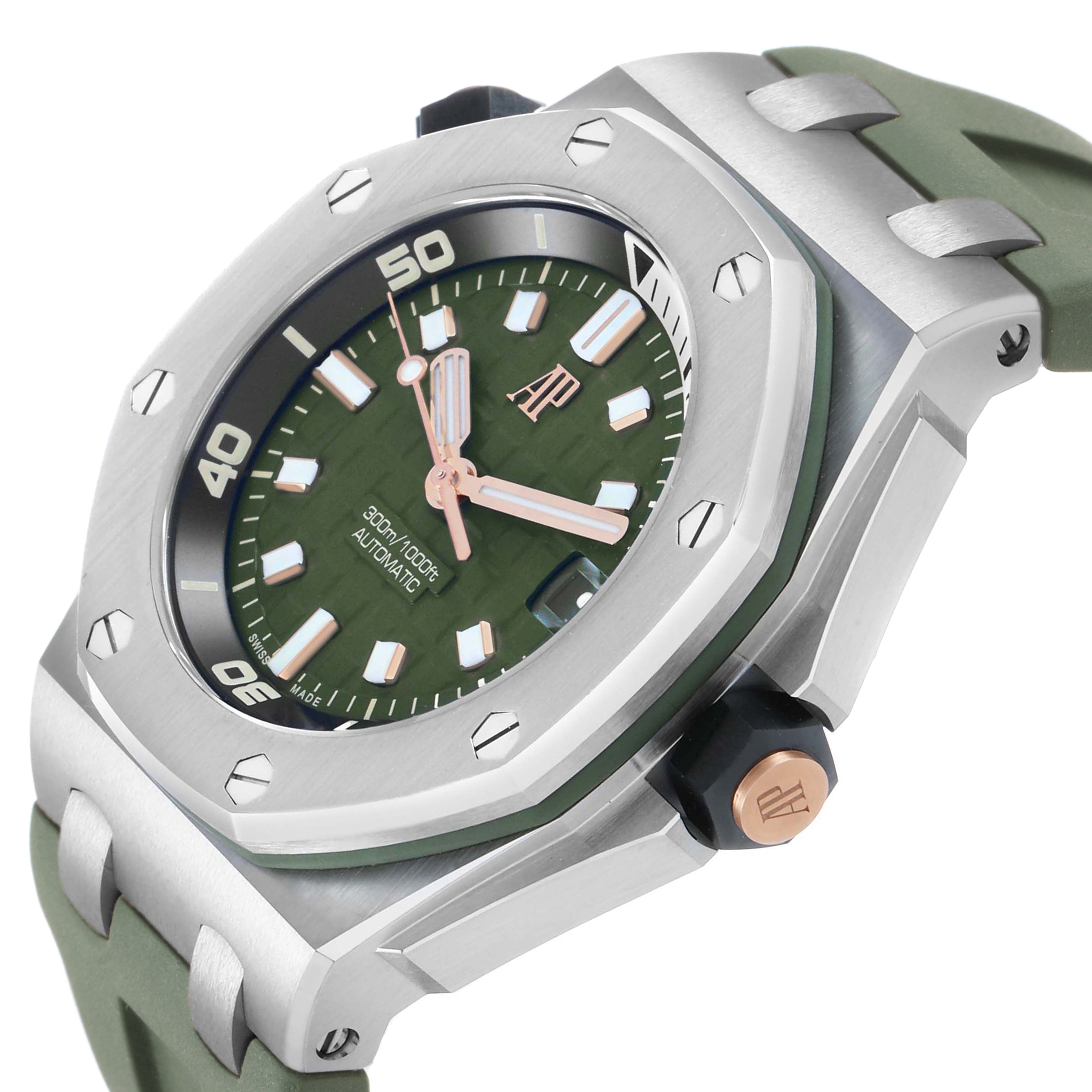 The image shows the Audemars Piguet Royal Oak Offshore 15720ST.OO.A052CA.01 Men's Stainless Steel Green Dial from a side angle, highlighting the case, bezel, dial, and strap.