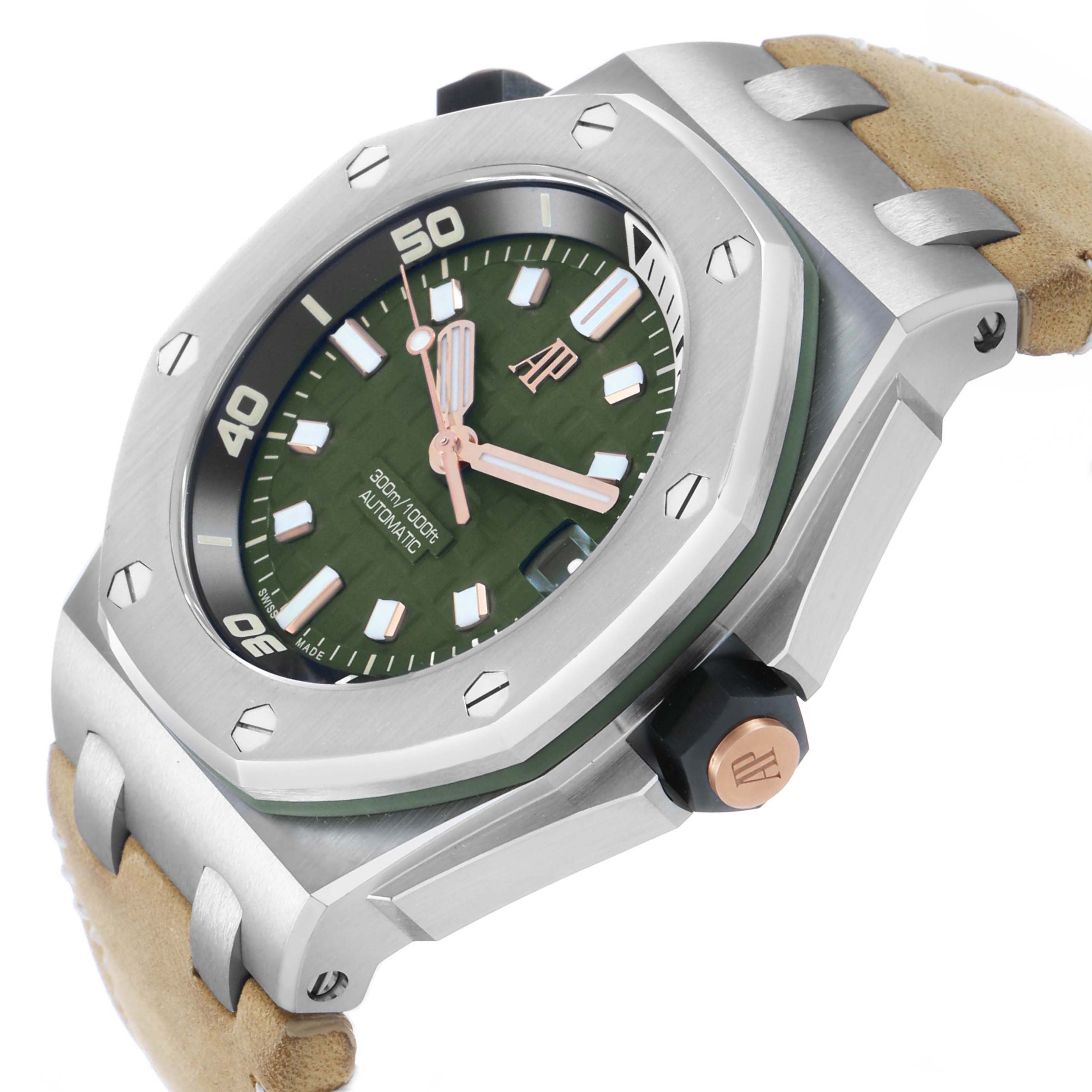 The image shows a side angle of the Audemars Piguet Royal Oak Offshore 15720ST Men's Stainless Steel Green Dial, highlighting the dial, bezel, crown, and strap.