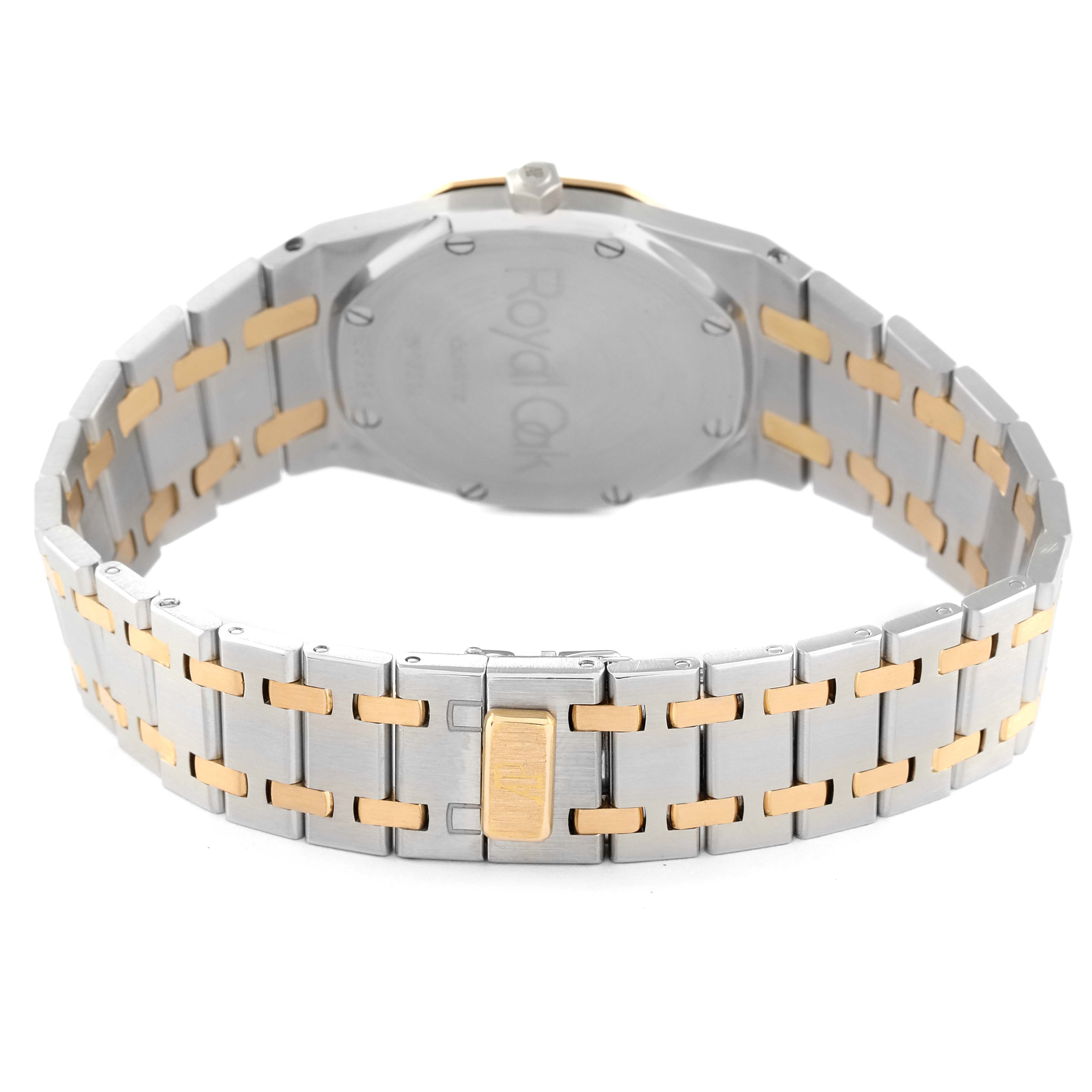 The image shows the back view of an Audemars Piguet Royal Oak 56175SA.OO.0789SA.09 Men's Steel and Gold (two tone) Silver Dial 56175SA.OO.0789SA.09 Men's Steel and Gold (two tone) Silver Dial watch, highlighting its bracelet and clasp.