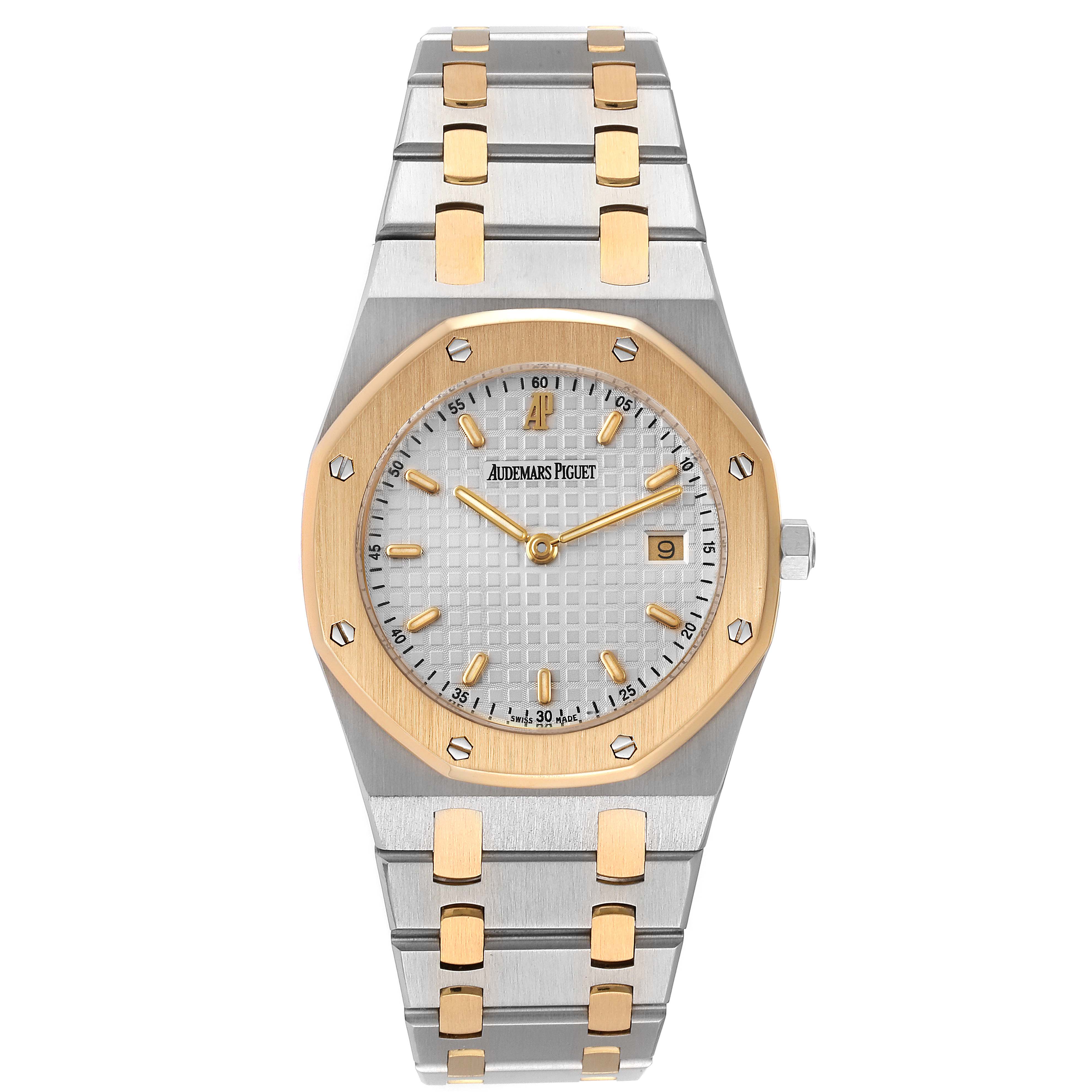 The image shows a front view of an Audemars Piguet Royal Oak 56175SA.OO.0789SA.09 Men's Steel and Gold (two tone) Silver Dial 56175SA.OO.0789SA.09 Men's Steel and Gold (two tone) Silver Dial watch with a two-tone steel and gold bracelet and octagonal bezel.