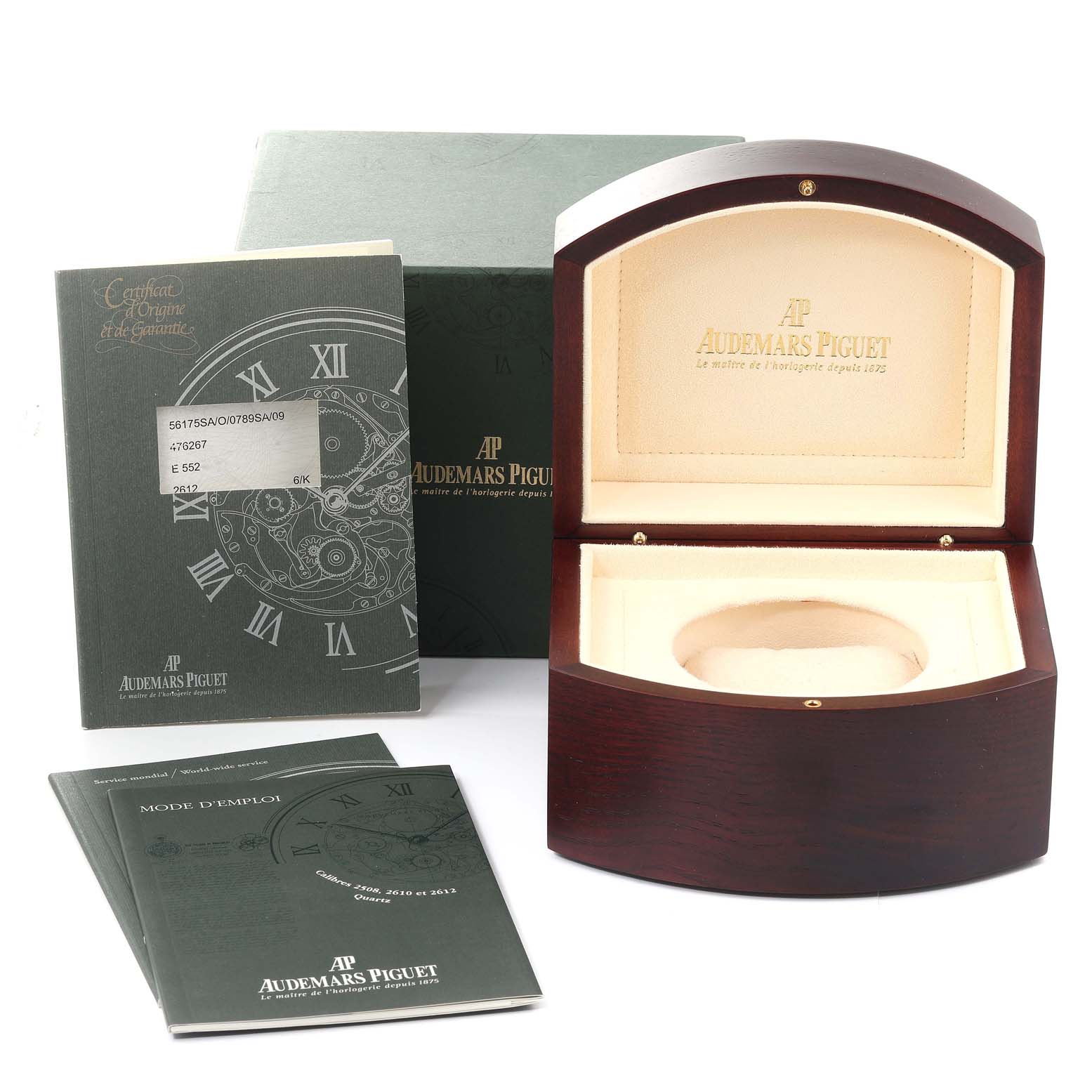 This image shows the packaging, manuals, and open box for the Audemars Piguet Royal Oak 56175SA.OO.0789SA.09 Men's Steel and Gold (two tone) Silver Dial 56175SA.OO.0789SA.09 Men's Steel and Gold (two tone) Silver Dial watch.