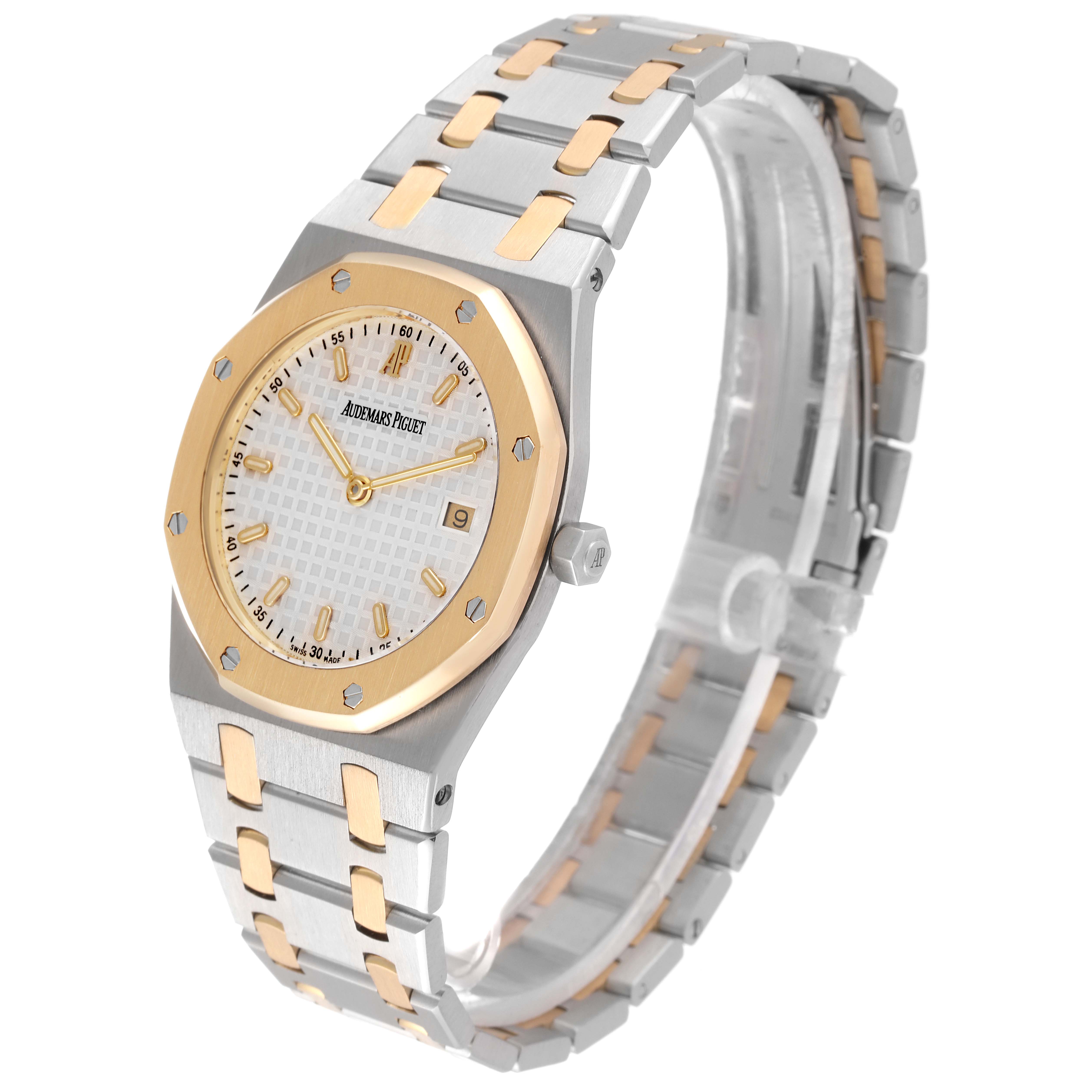 The image shows an angled front view of the Audemars Piguet Royal Oak 56175SA.OO.0789SA.09 Men's Steel and Gold (two tone) Silver Dial 56175SA.OO.0789SA.09 Men's Steel and Gold (two tone) Silver Dial watch, highlighting its dial, bezel, and bracelet.