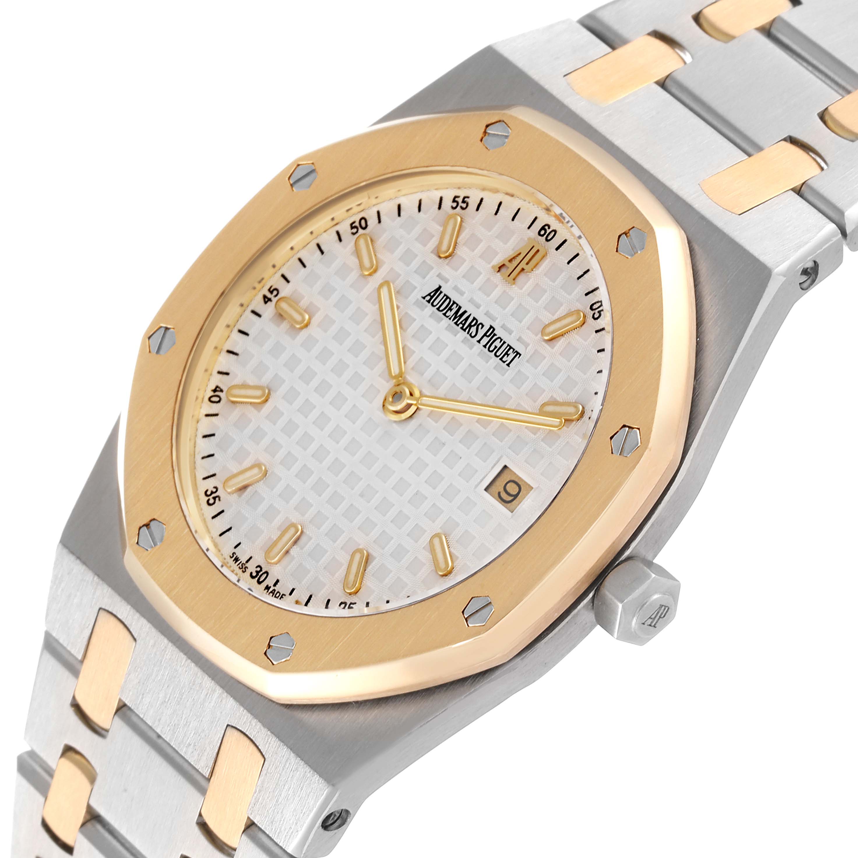 This image shows a close-up, angled view of the face and bracelet of the Audemars Piguet Royal Oak 56175SA.OO.0789SA.09 Men's Steel and Gold (two tone) Silver Dial 56175SA.OO.0789SA.09 Men's Steel and Gold (two tone) Silver Dial watch.