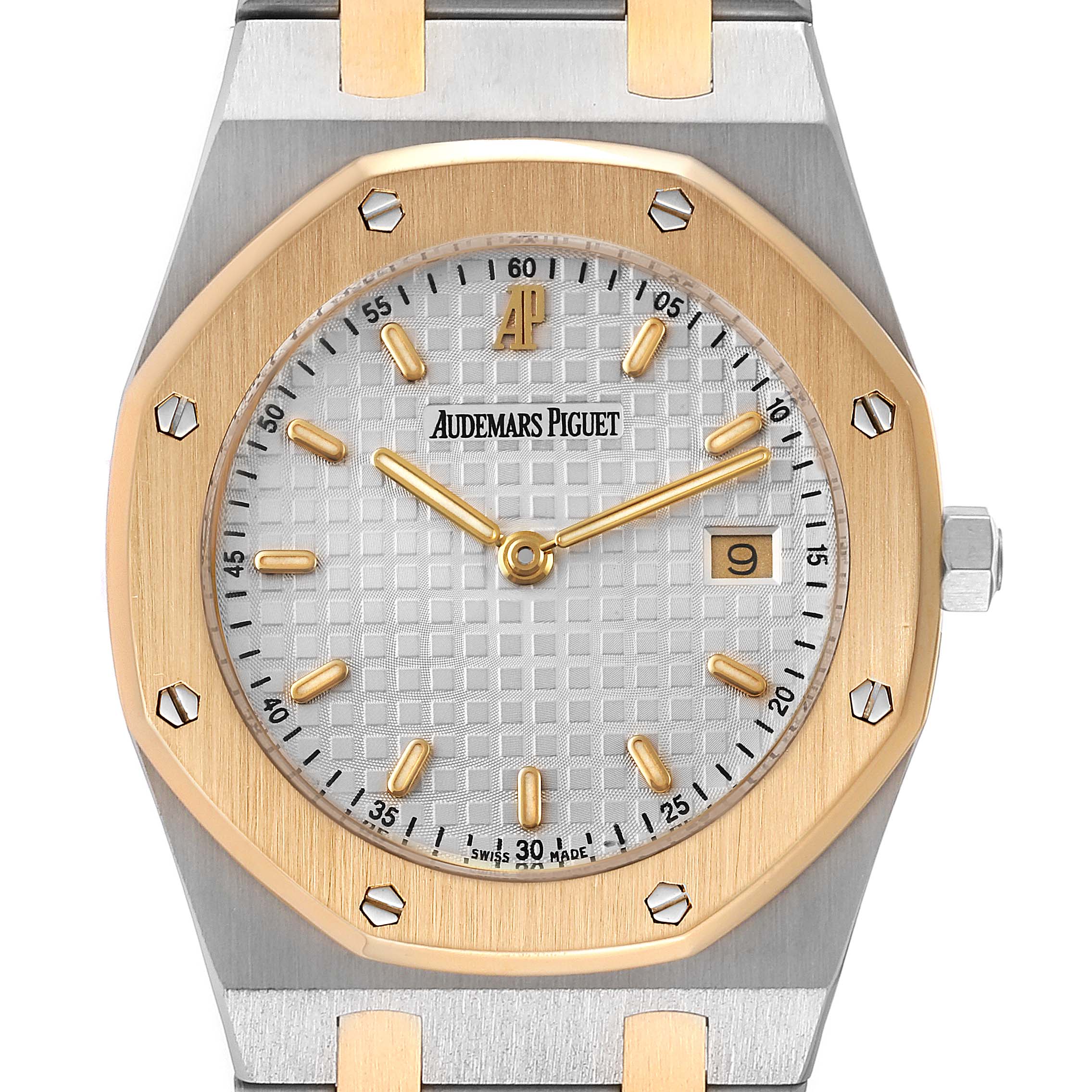 This image shows a close-up view of the dial and bezel of an Audemars Piguet Royal Oak 56175SA.OO.0789SA.09 Men's Steel and Gold (two tone) Silver Dial 56175SA.OO.0789SA.09 Men's Steel and Gold (two tone) Silver Dial watch.