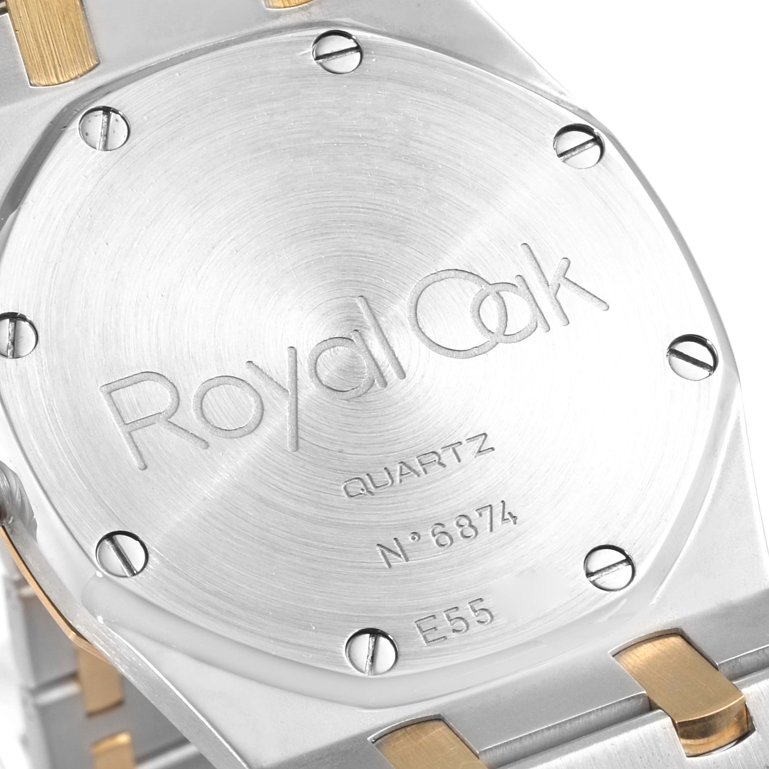 This image shows the back case of an Audemars Piguet Royal Oak 56175SA.OO.0789SA.09 Men's Steel and Gold (two tone) Silver Dial 56175SA.OO.0789SA.09 Men's Steel and Gold (two tone) Silver Dial Quartz watch, displaying its model number and branding.