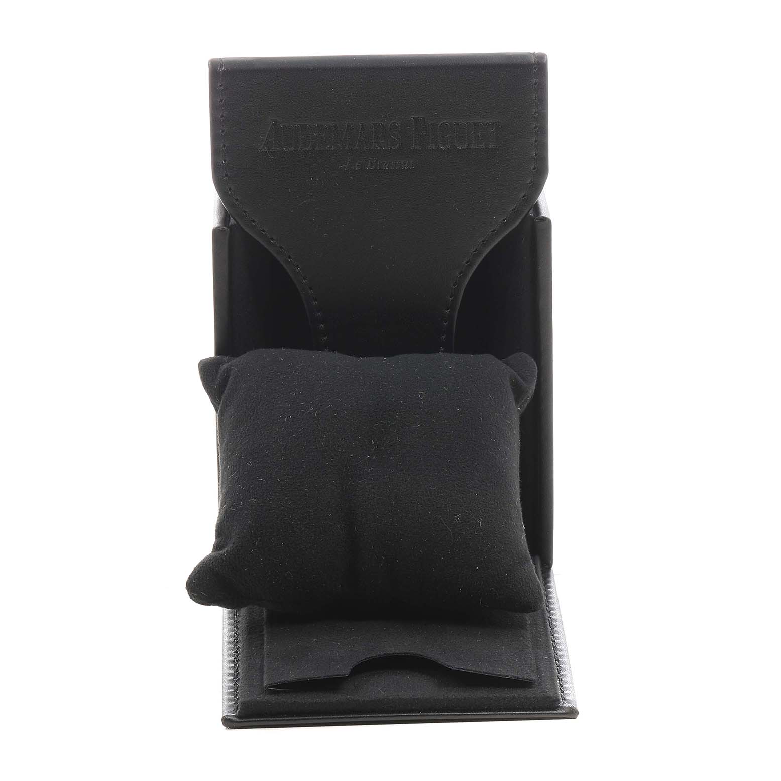 The image shows a black Audemars Piguet Royal Oak 14800BA Men's Stainless Steel White Dial watch box with a cushion for the watch, viewed from the front.