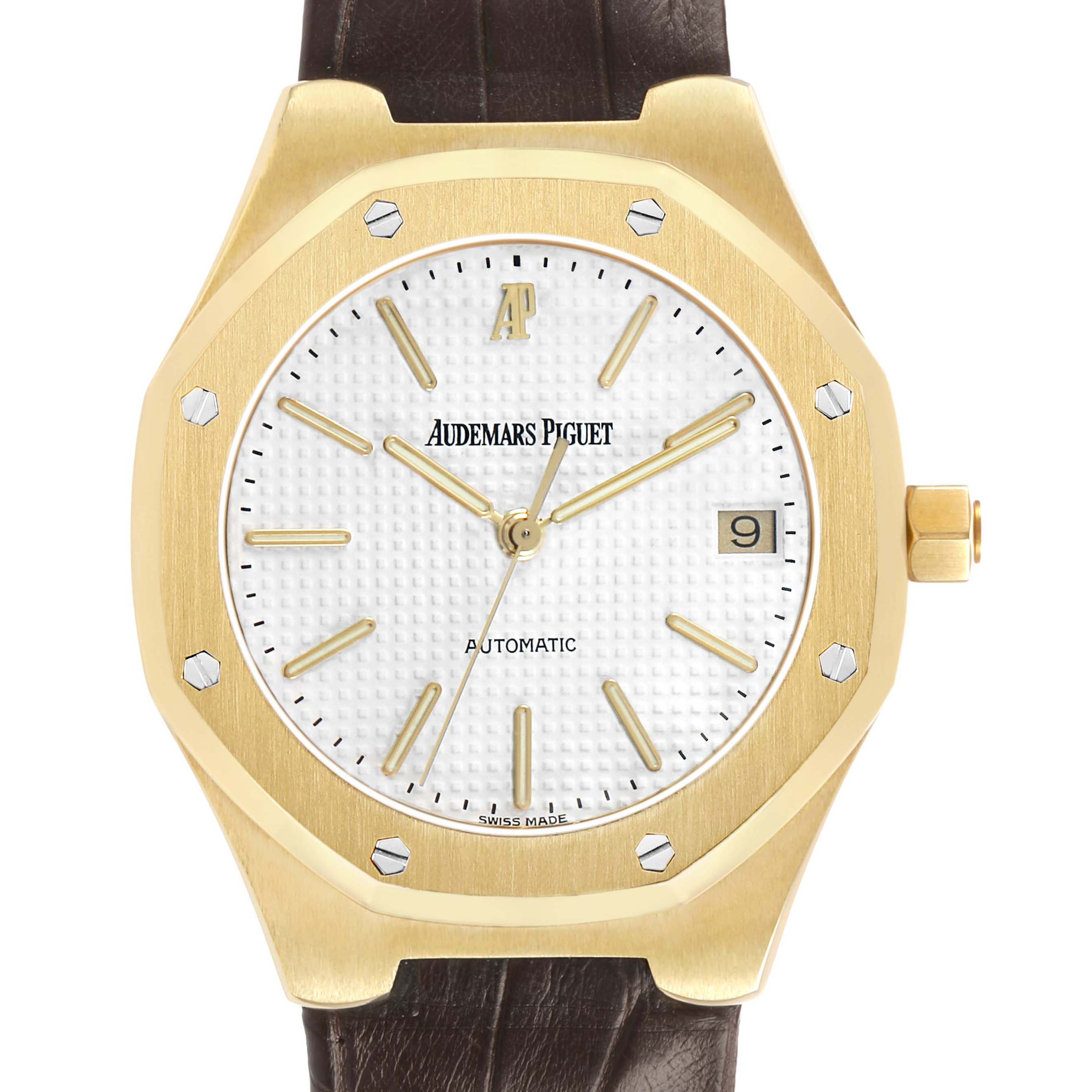 The image shows a front view of the Audemars Piguet Royal Oak 14800BA Men's Yellow Gold White Dial, highlighting the dial, bezel, crown, and strap.