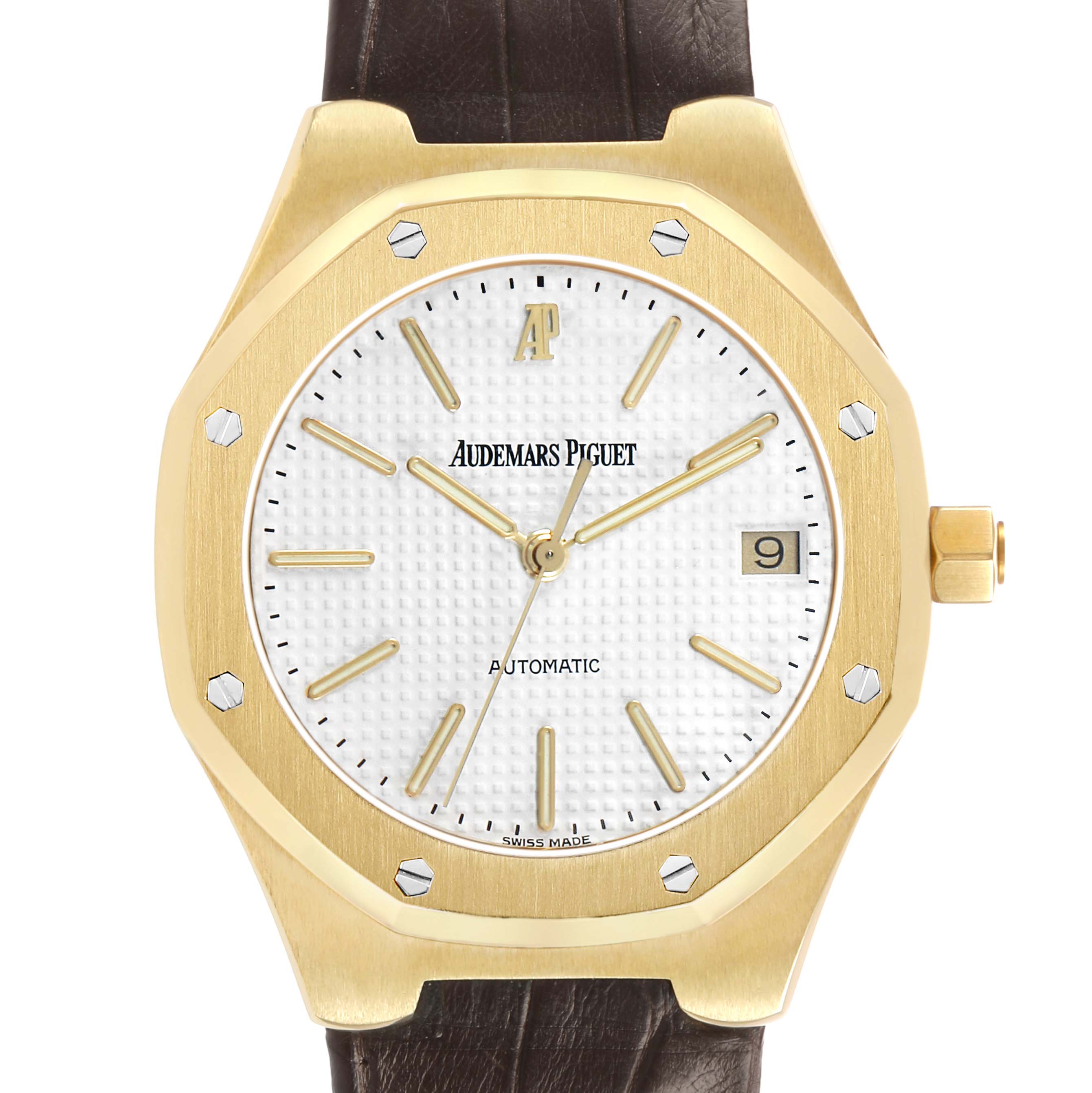 The image shows a front view of the Audemars Piguet Royal Oak 14800BA Men's Stainless Steel White Dial watch, highlighting the dial, bezel, and case.
