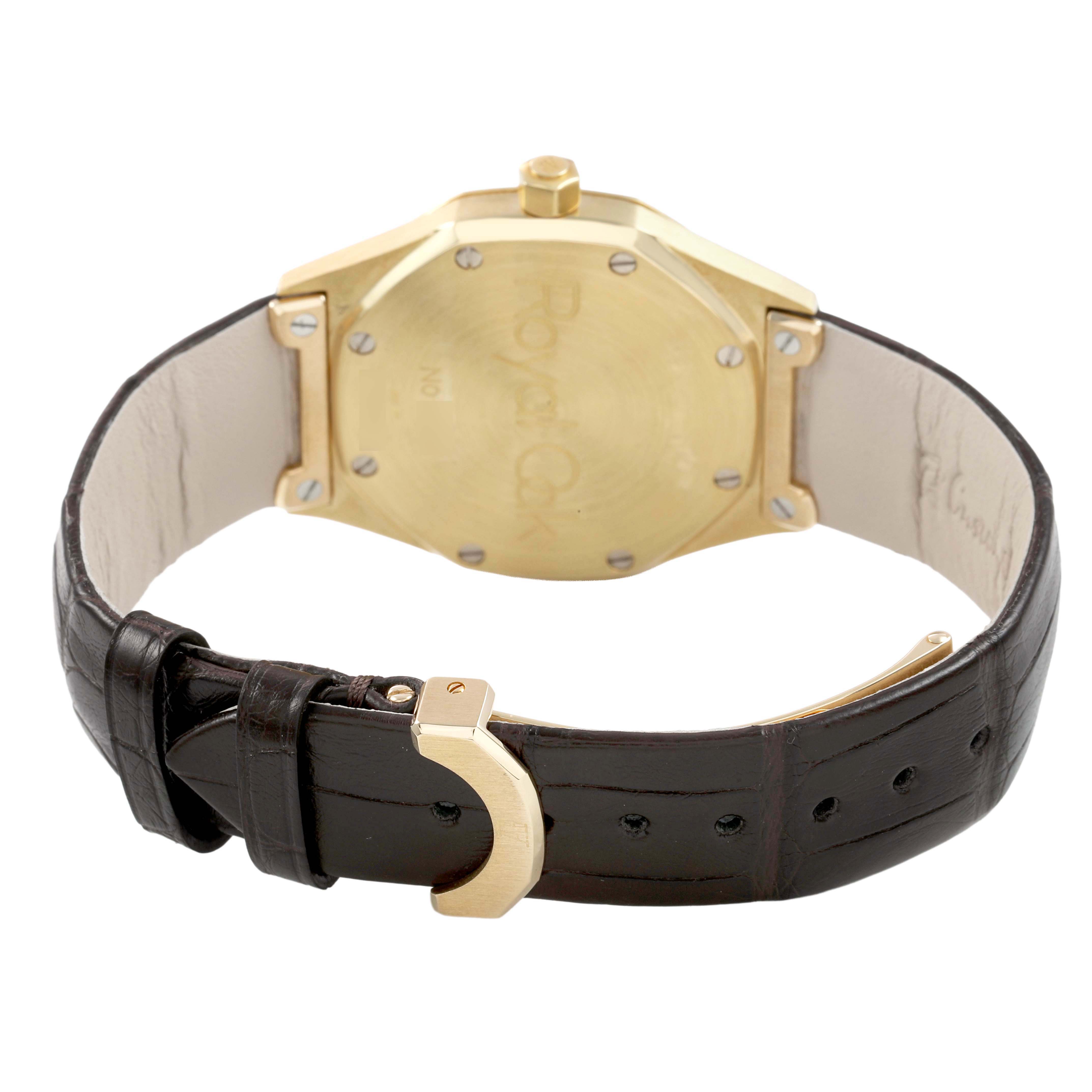 The image shows the back view of the Royal Oak by Audemars Piguet, highlighting the case back and leather strap with a buckle.