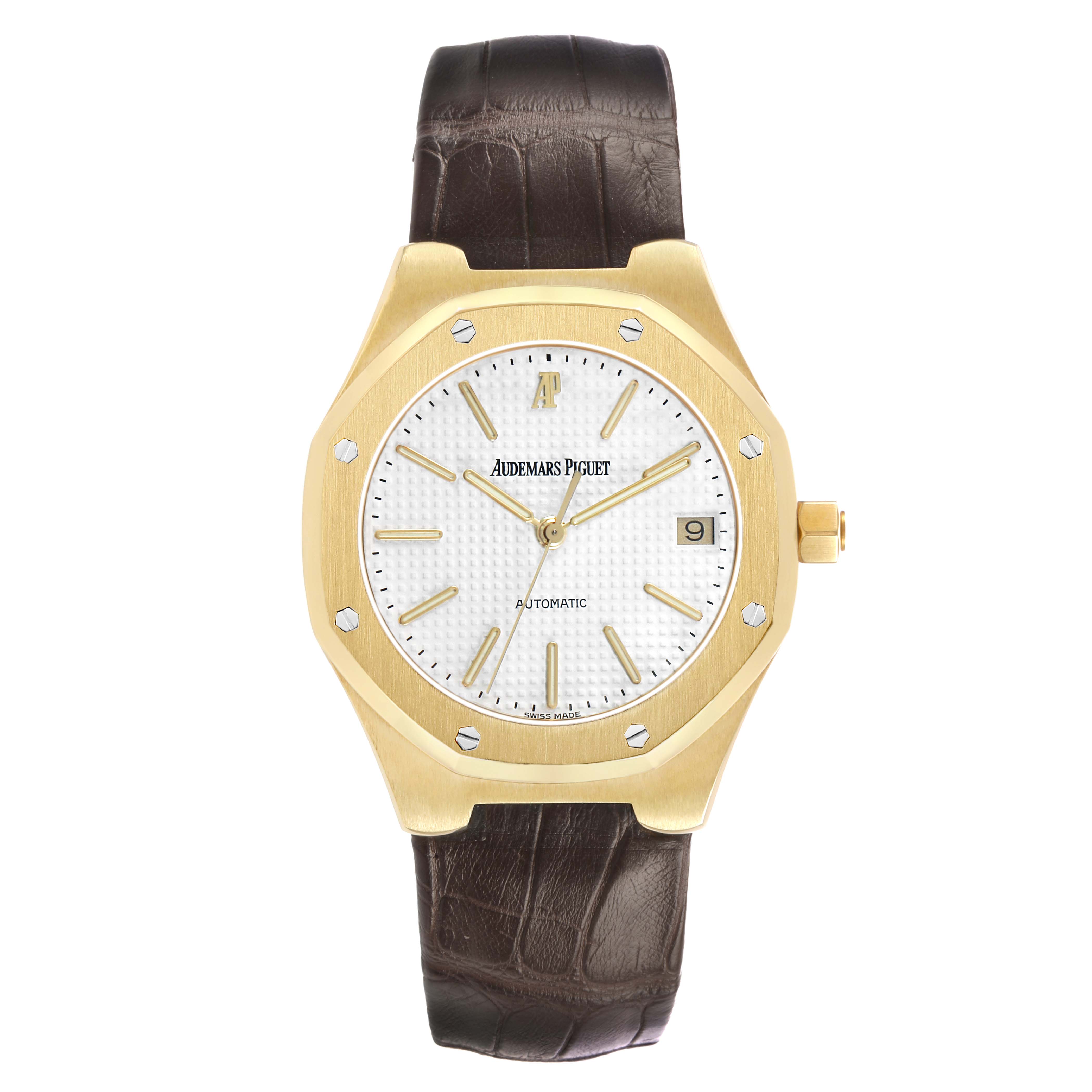 The Audemars Piguet Royal Oak 14800BA Men's Stainless Steel White Dial watch is shown from the front, displaying the dial, bezel, and leather strap.