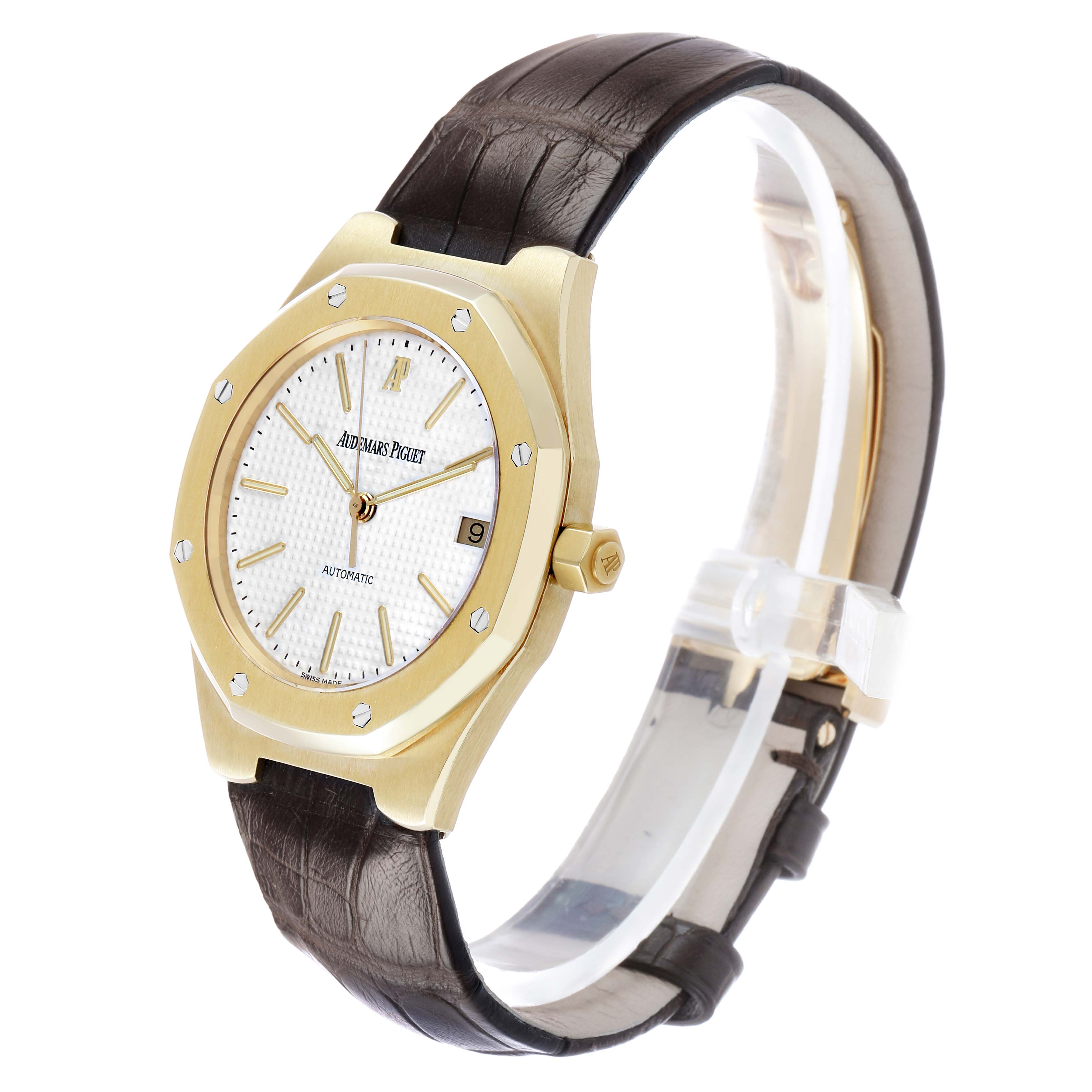 The Audemars Piguet Royal Oak 14800BA Men's Stainless Steel White Dial watch is shown at a side angle, highlighting the case, dial, hands, crown, and leather strap.