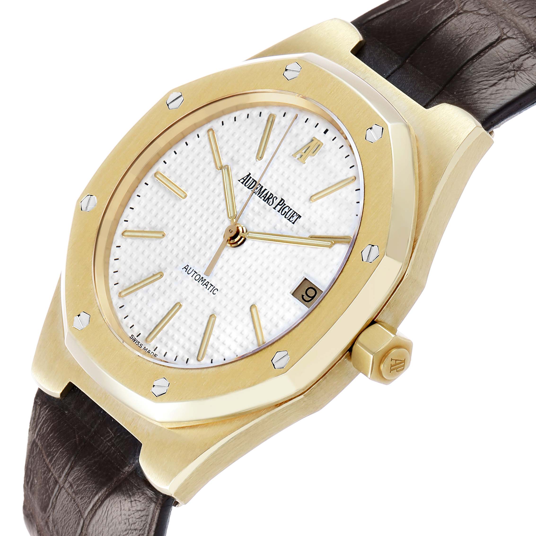 The image shows a close-up of the Audemars Piguet Royal Oak 14800BA Men's Stainless Steel White Dial watch, focusing on the dial, bezel, and leather strap at a slight angle.