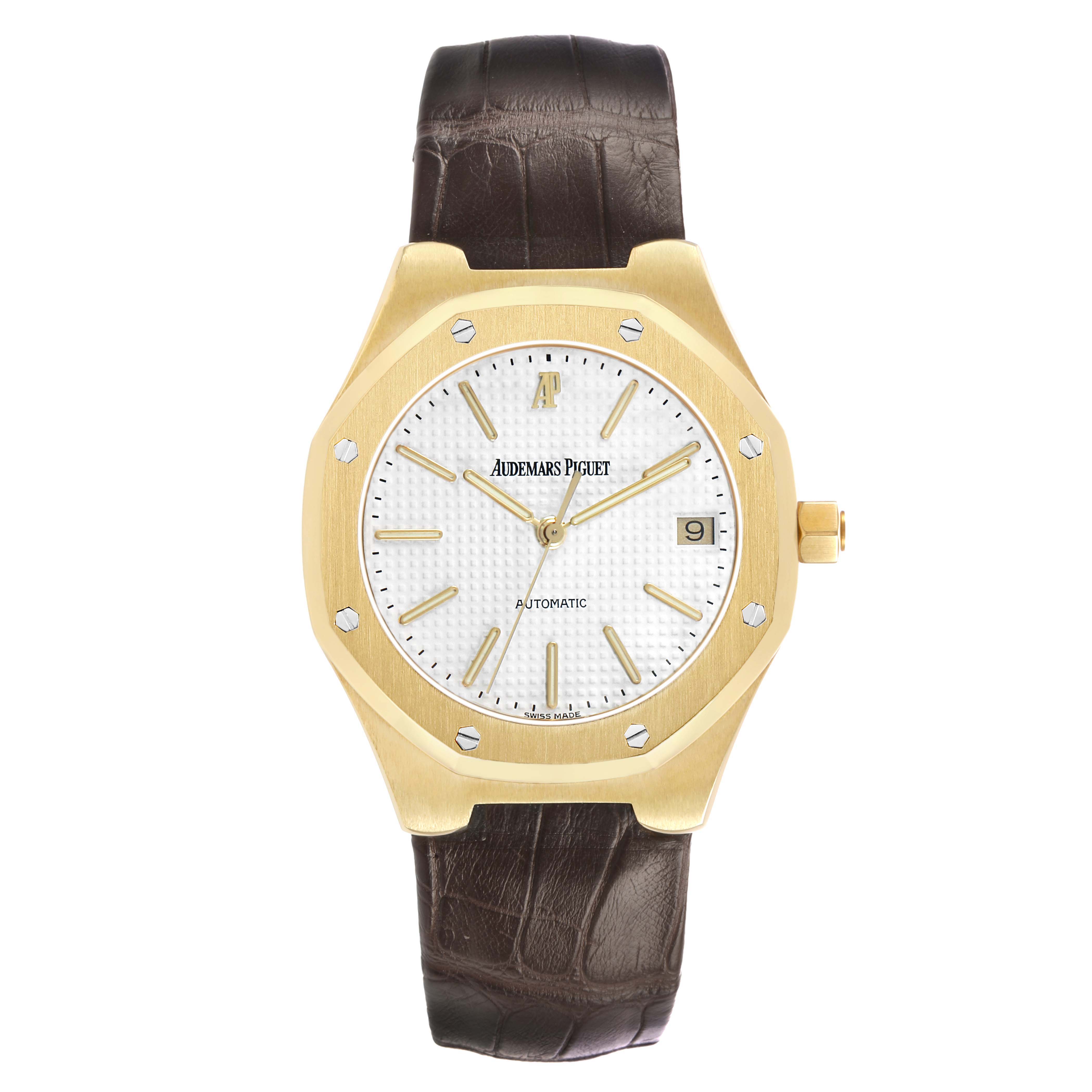 The Audemars Piguet Royal Oak 14800BA Men's Yellow Gold White Dial watch is shown from the front, displaying its dial, bezel, crown, and leather strap.