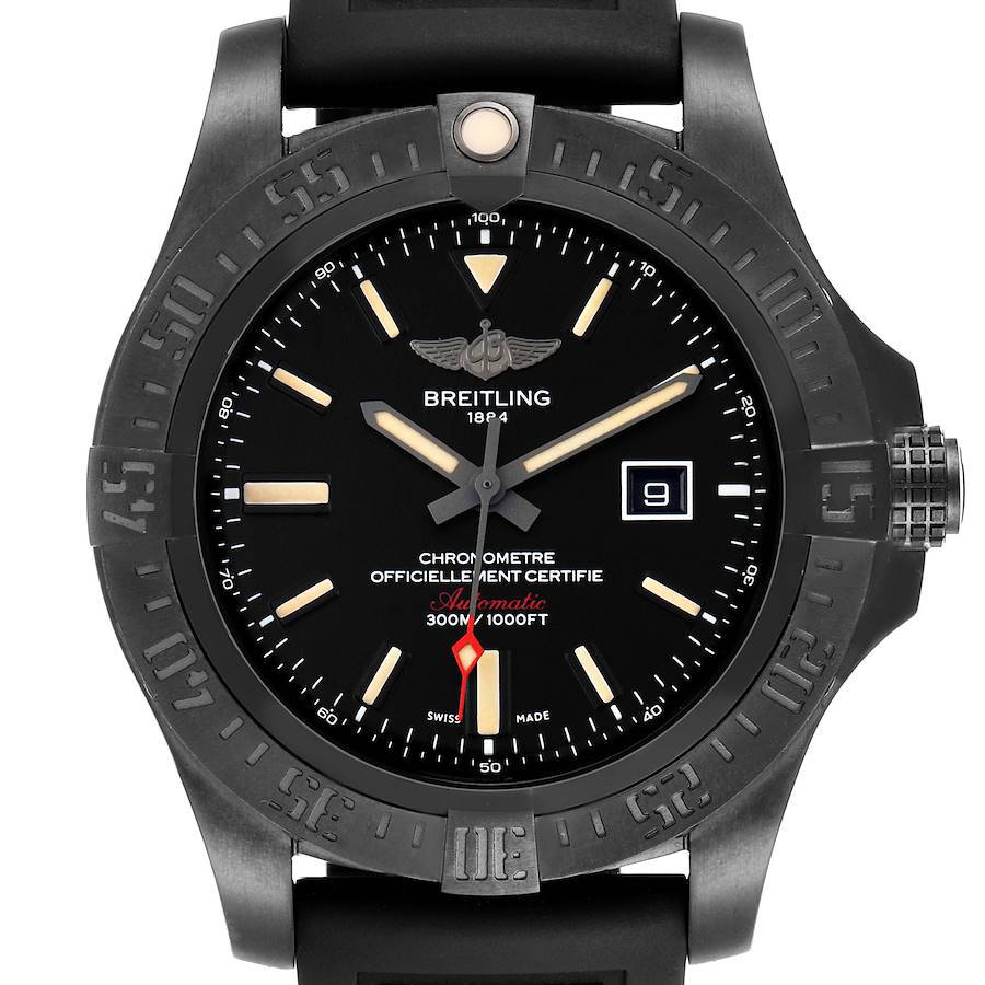 The Breitling Avenger model is shown from the front, highlighting the dial, bezel, and markers.
