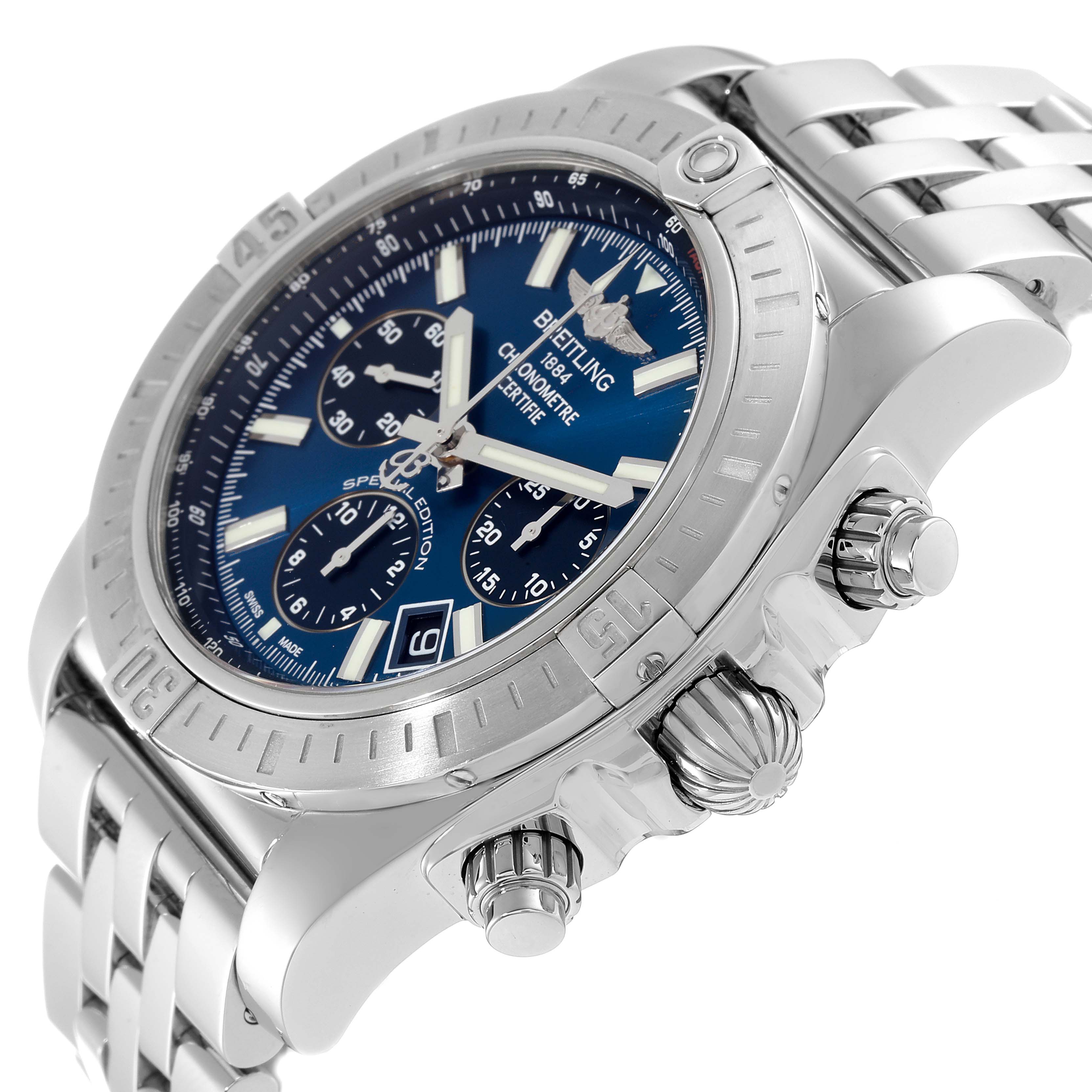 The Breitling Chronomat AB0115 Men
s Stainless Steel Blue Dial AB0115 Men
s Stainless Steel Blue Dial watch is shown at a three-quarter angle, highlighting the dial, bezel, crown, and pushers.
