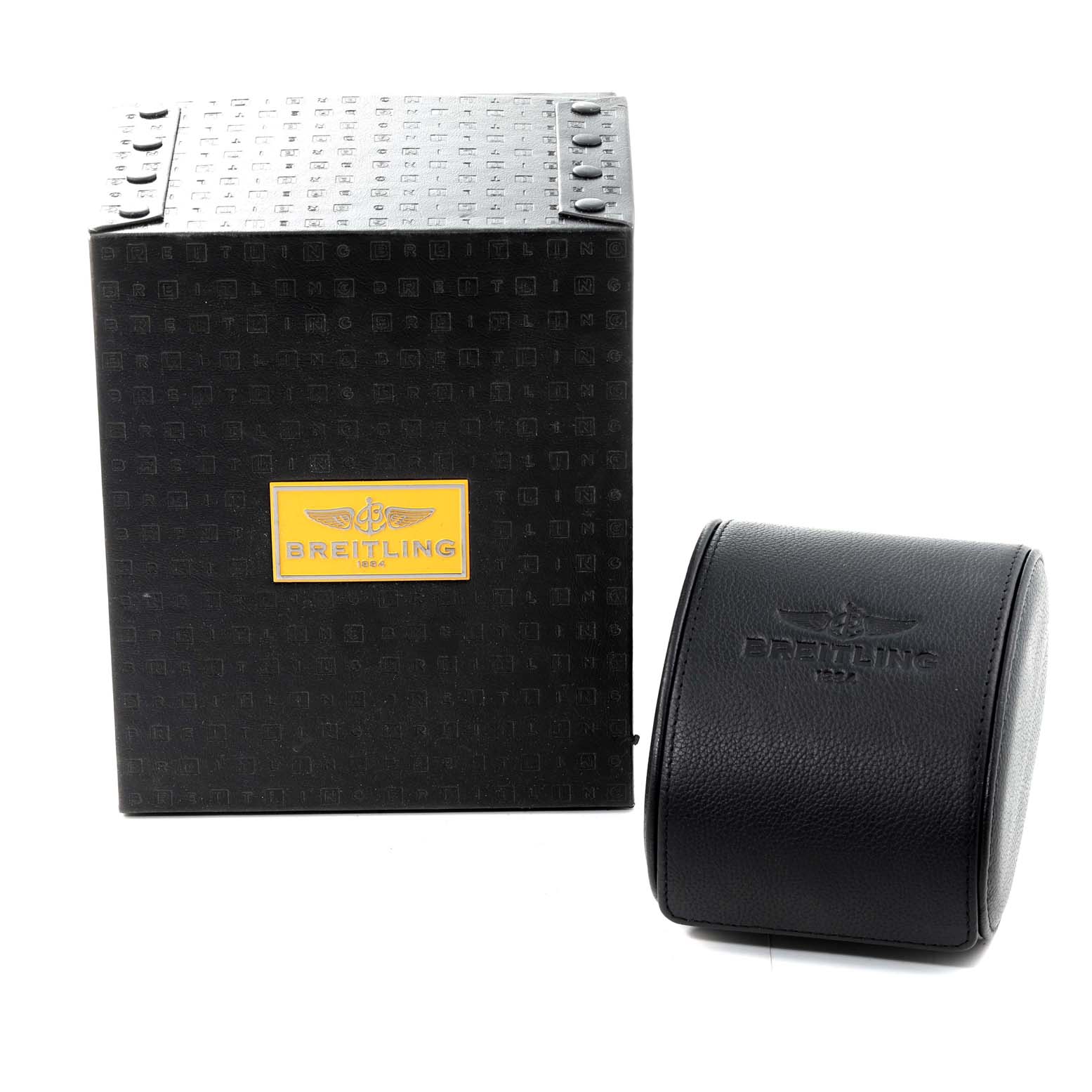 The image shows the box and travel case for the Breitling Chronomat AB0115 Men
s Stainless Steel Blue Dial AB0115 Men
s Stainless Steel Blue Dial watch, angled slightly to the left.