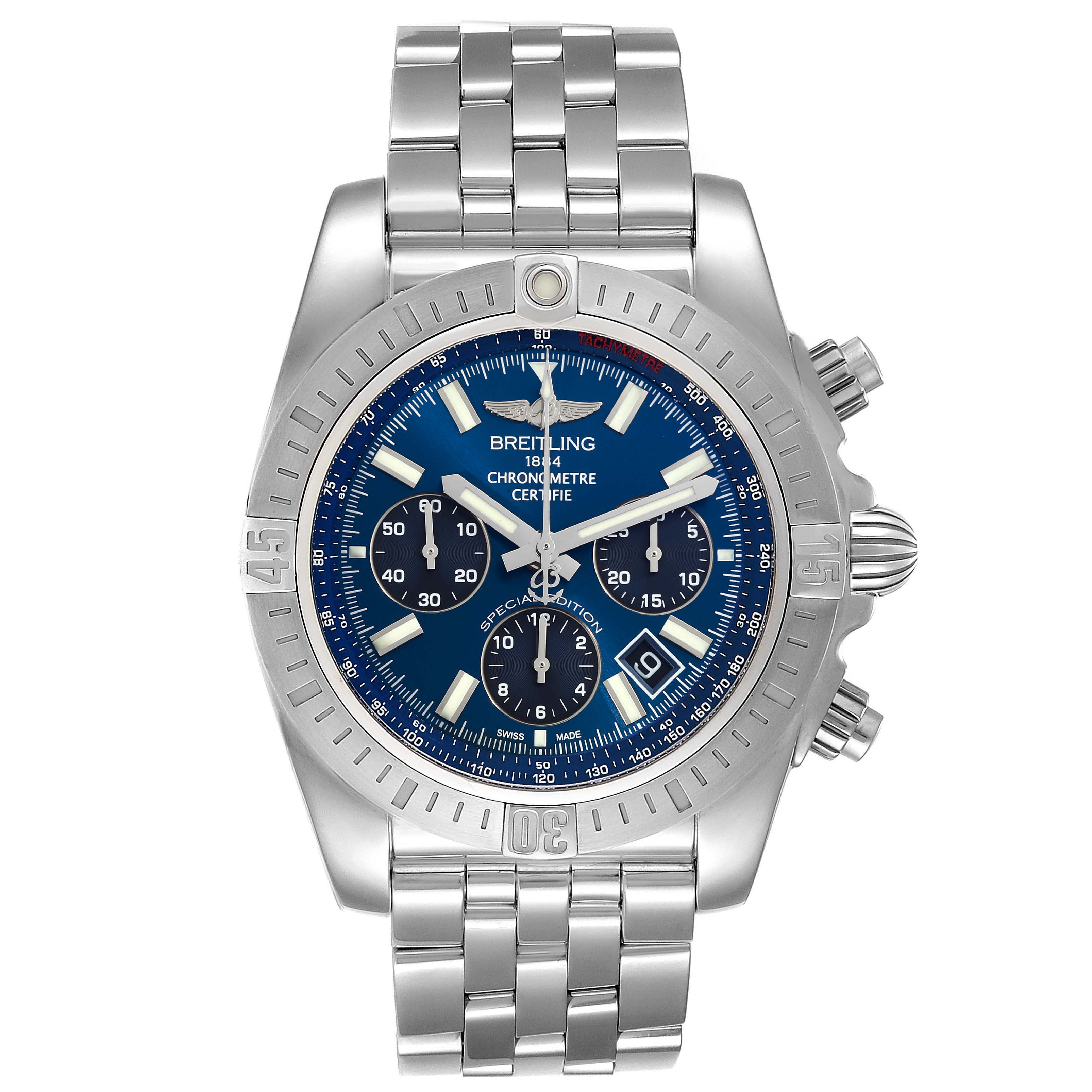 The image shows a front view of a Breitling Chronomat AB0115 Men
s Stainless Steel Blue Dial AB0115 Men
s Stainless Steel Blue Dial watch, displaying the face, bezel, and bracelet.
