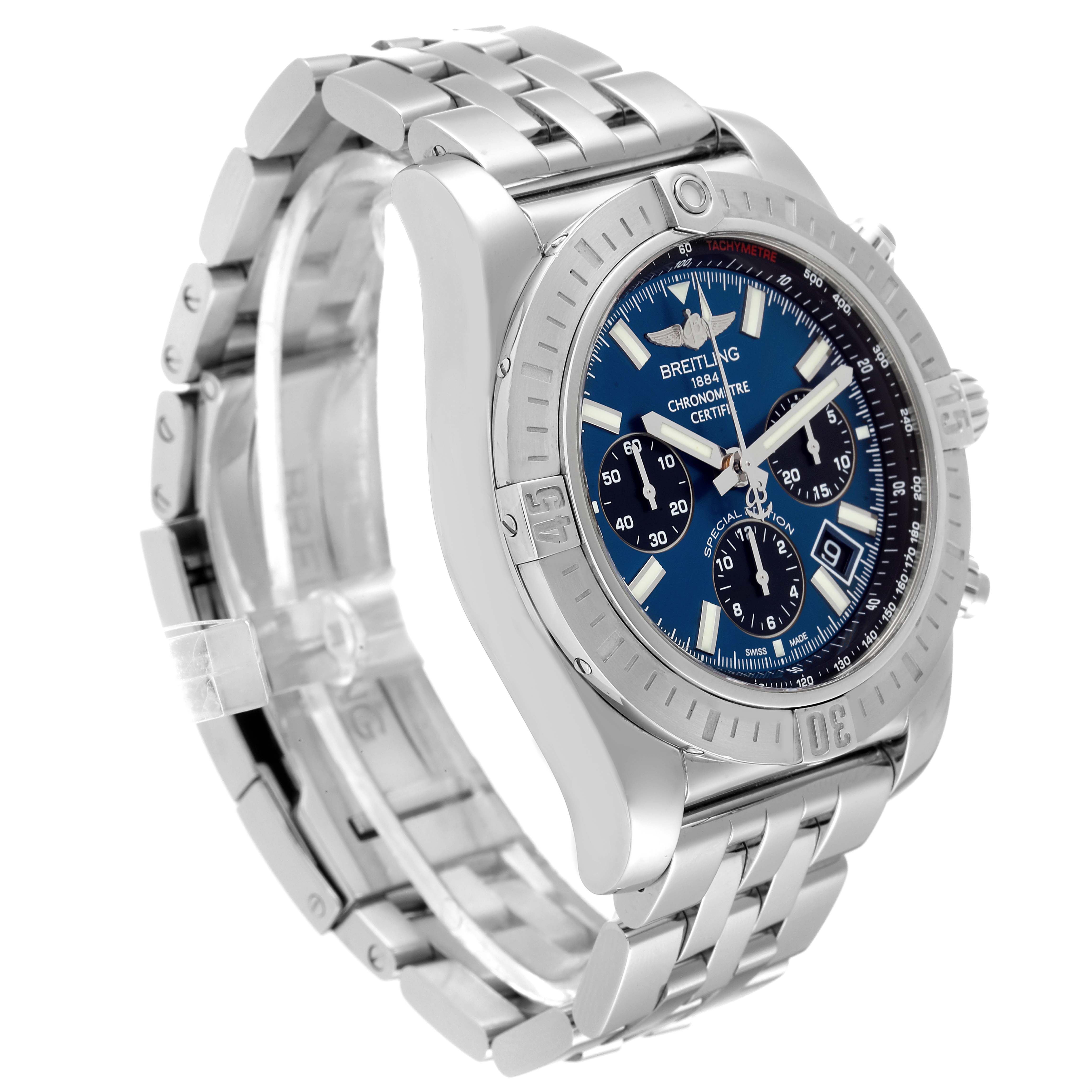 This Breitling Chronomat AB0115 Men
s Stainless Steel Blue Dial AB0115 Men
s Stainless Steel Blue Dial watch is shown at a 3/4 angle, displaying the blue dial, bezel, and metal bracelet.