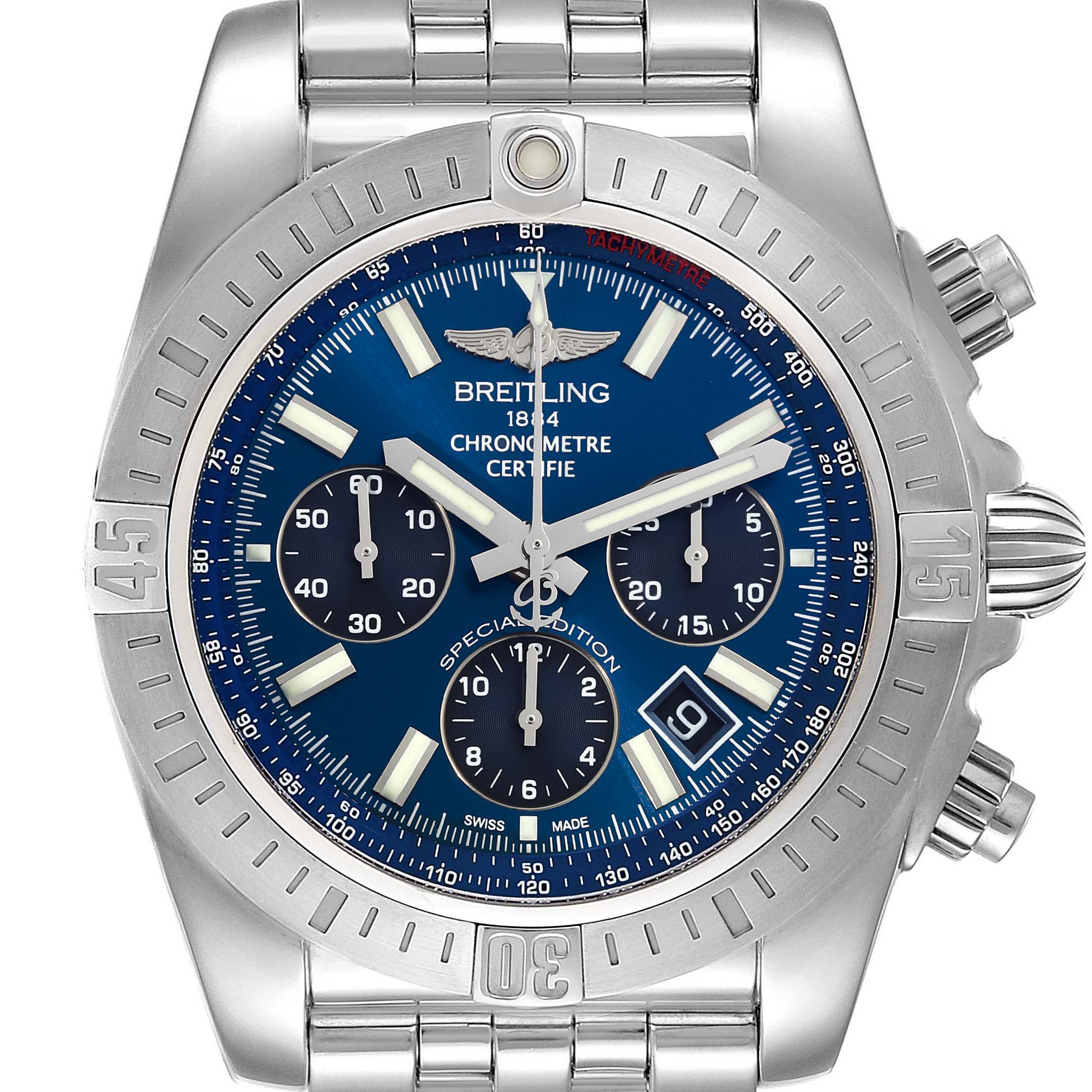The image shows a frontal view of a Breitling Chronomat AB0115 Men
s Stainless Steel Blue Dial AB0115 Men
s Stainless Steel Blue Dial watch, highlighting its blue dial, chronograph subdials, and stainless steel case and bracelet.