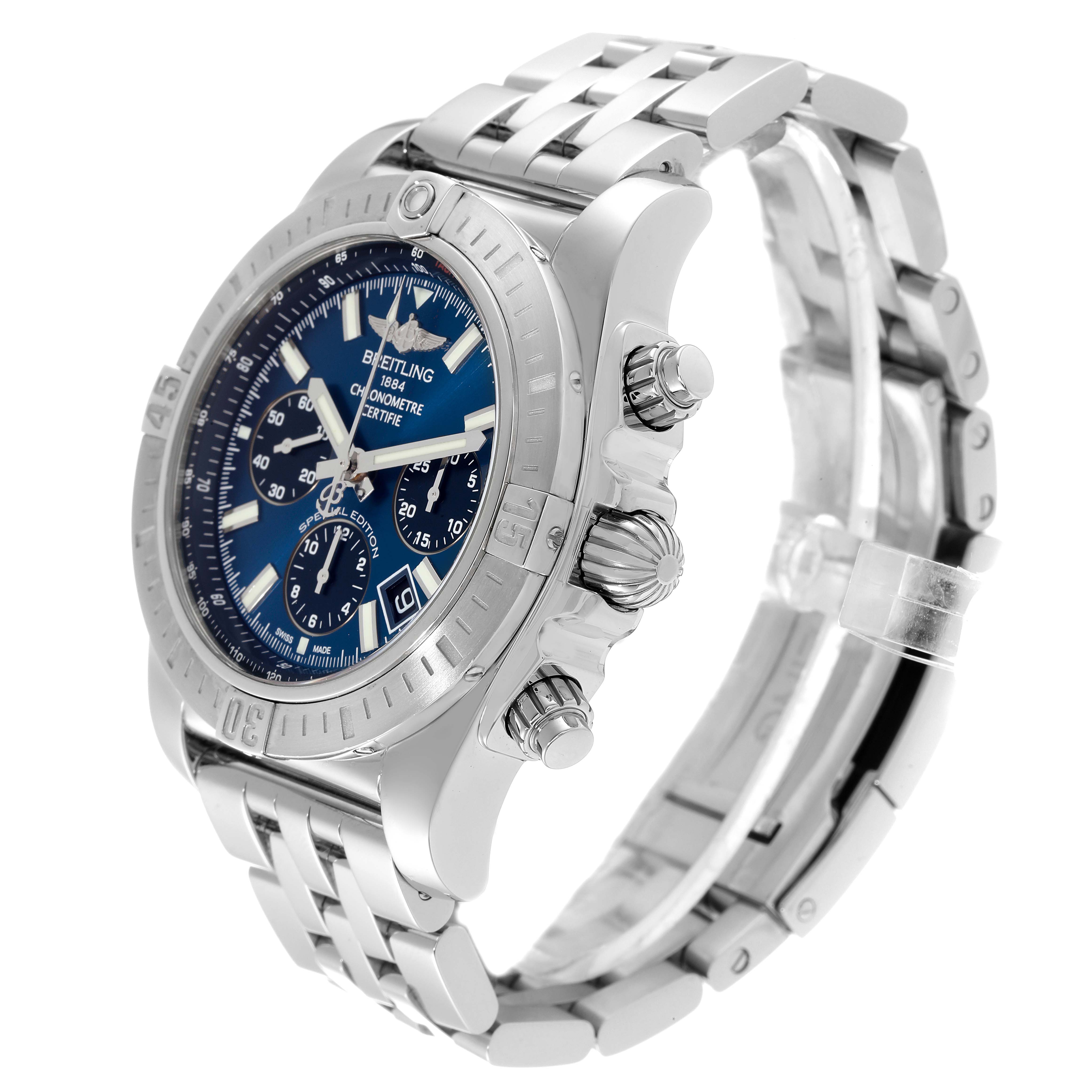 The Breitling Chronomat AB0115 Men
s Stainless Steel Blue Dial AB0115 Men
s Stainless Steel Blue Dial watch is shown at a three-quarter angle, displaying the face, bezel, and part of the bracelet.