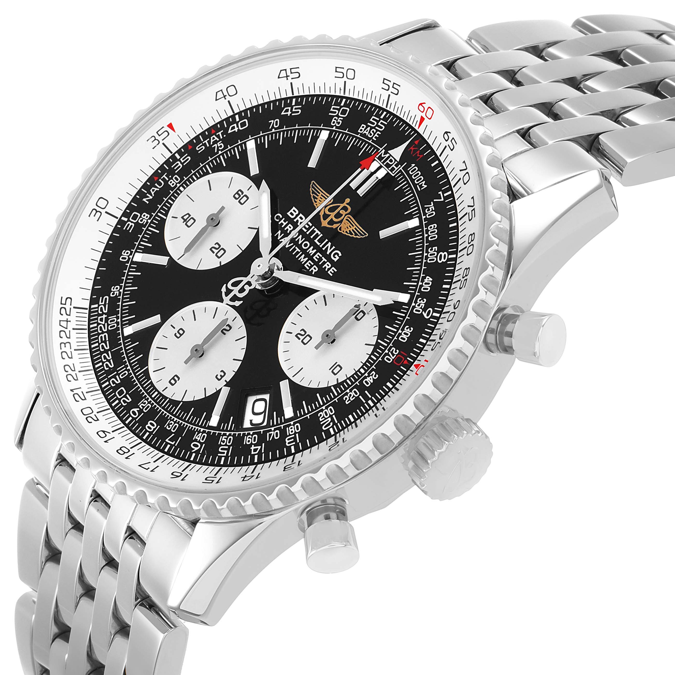 The Breitling Navitimer A23322 Men's Stainless Steel Black Dial watch is shown at a three-quarter angle, displaying the face, bezel, crown, pushers, and part of the bracelet.