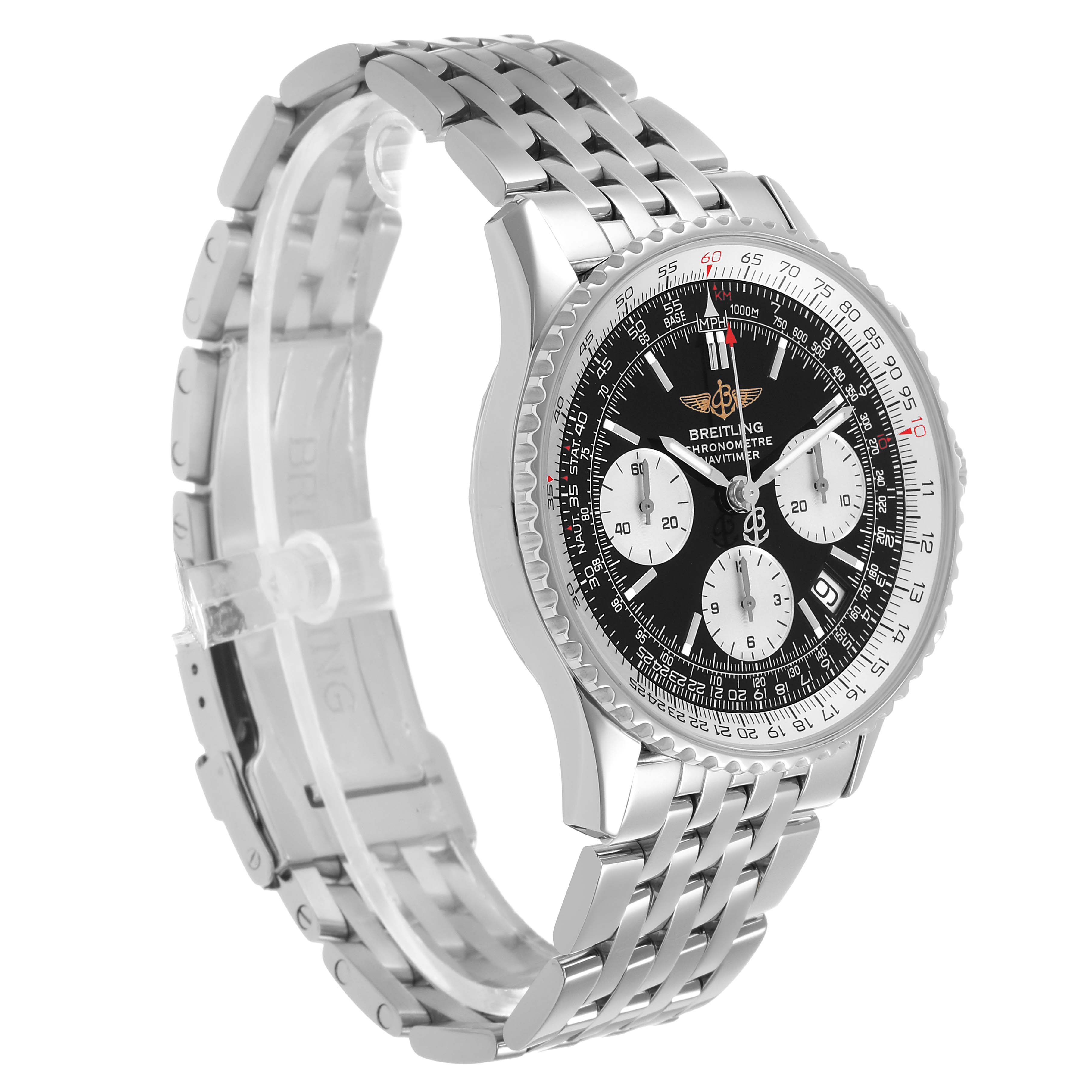 The Breitling Navitimer A23322 Men's Stainless Steel Black Dial watch is shown at a three-quarter angle, displaying the face, bezel, and metal bracelet.