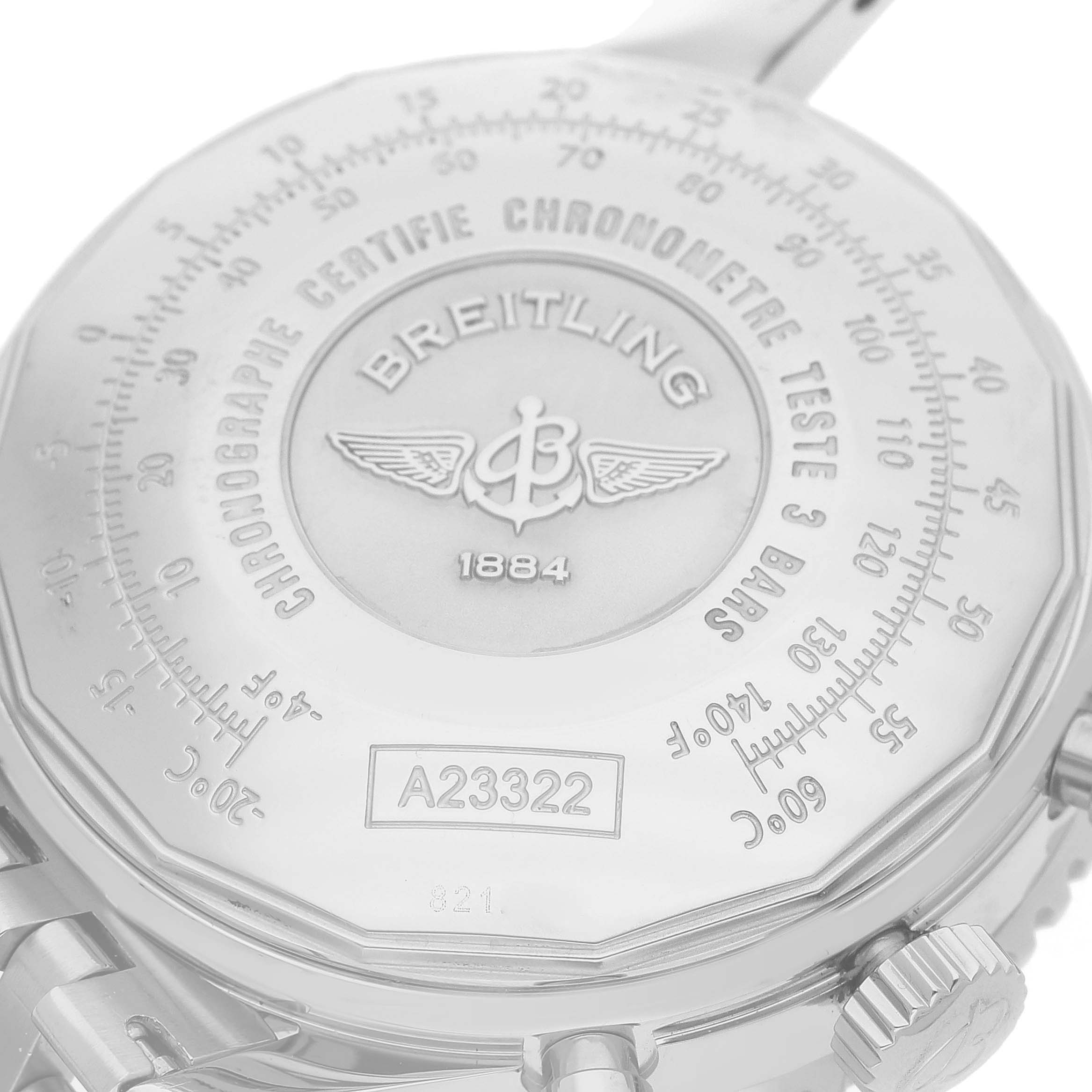 The image shows the back case of a Breitling Navitimer A23322 Men's Stainless Steel Black Dial watch, highlighting the brand engraving and model number.