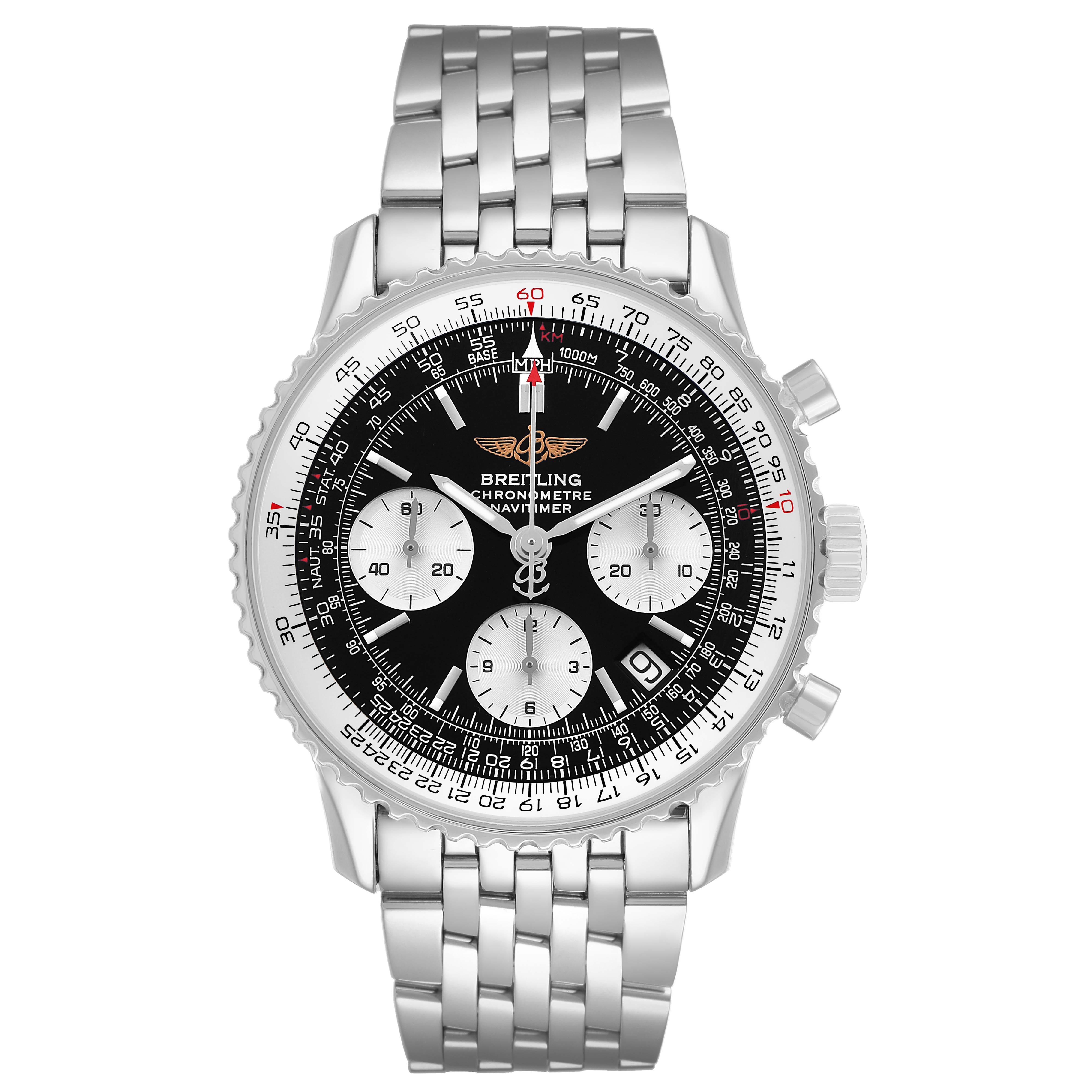 The Breitling Navitimer A23322 Men's Stainless Steel Black Dial watch is shown from a top-down angle, displaying the dial, bezel, bracelet, and pushers clearly.