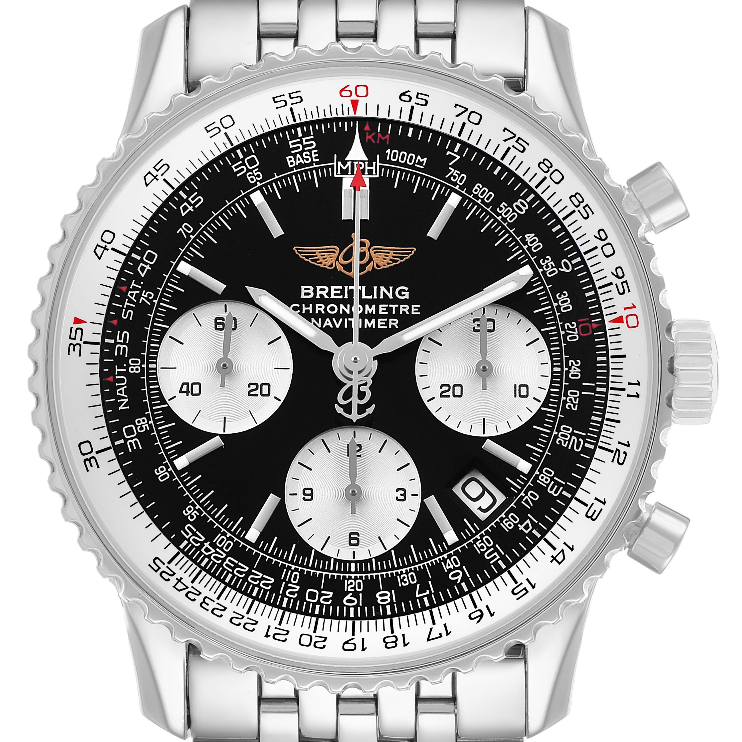 The Breitling Navitimer A23322 Men's Stainless Steel Black Dial watch is shown from the front, highlighting the face, chronograph dials, bezel, and bracelet.
