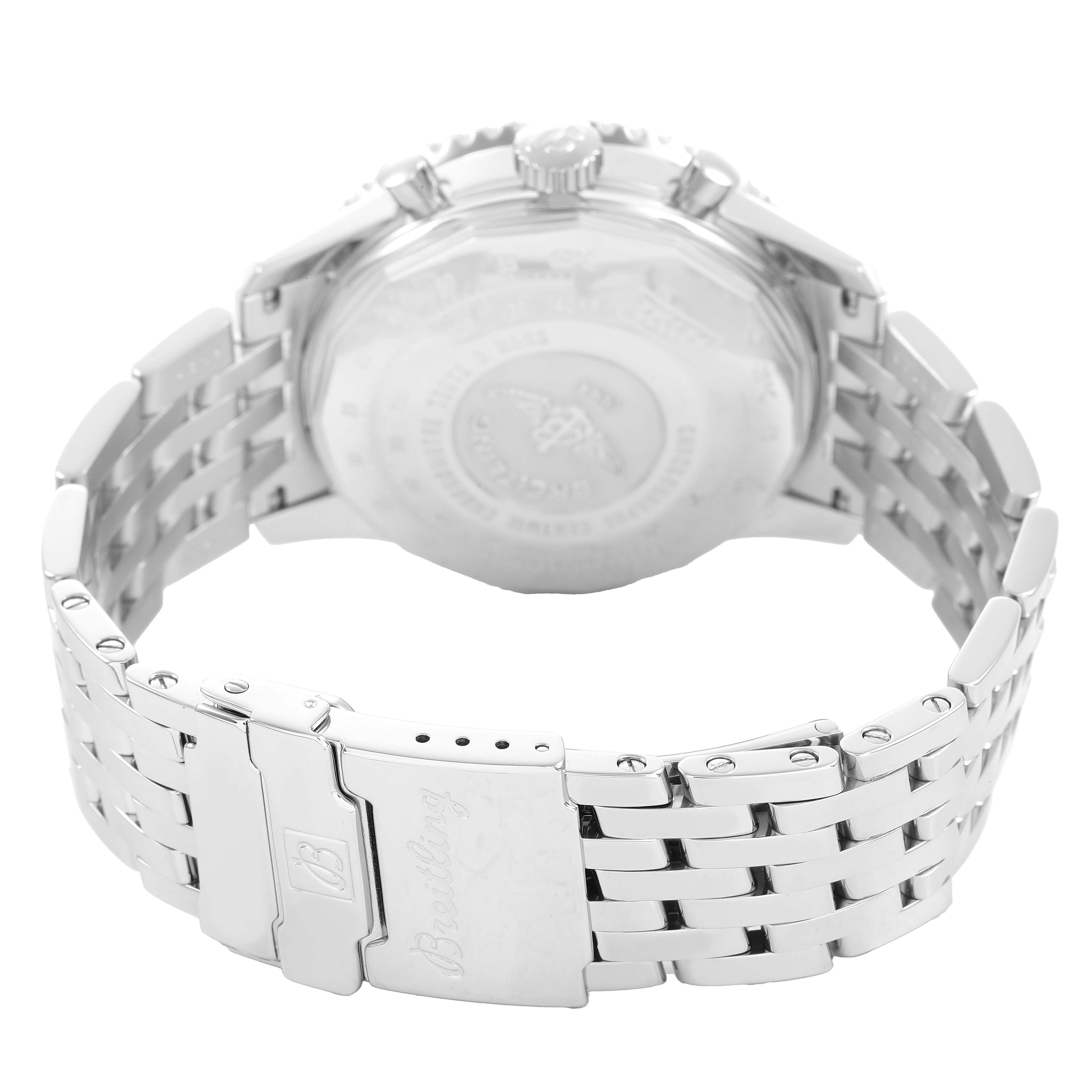 The image shows the back and bracelet of a Breitling Navitimer A23322 Men's Stainless Steel Black Dial watch at an angle, highlighting the clasp and case back.
