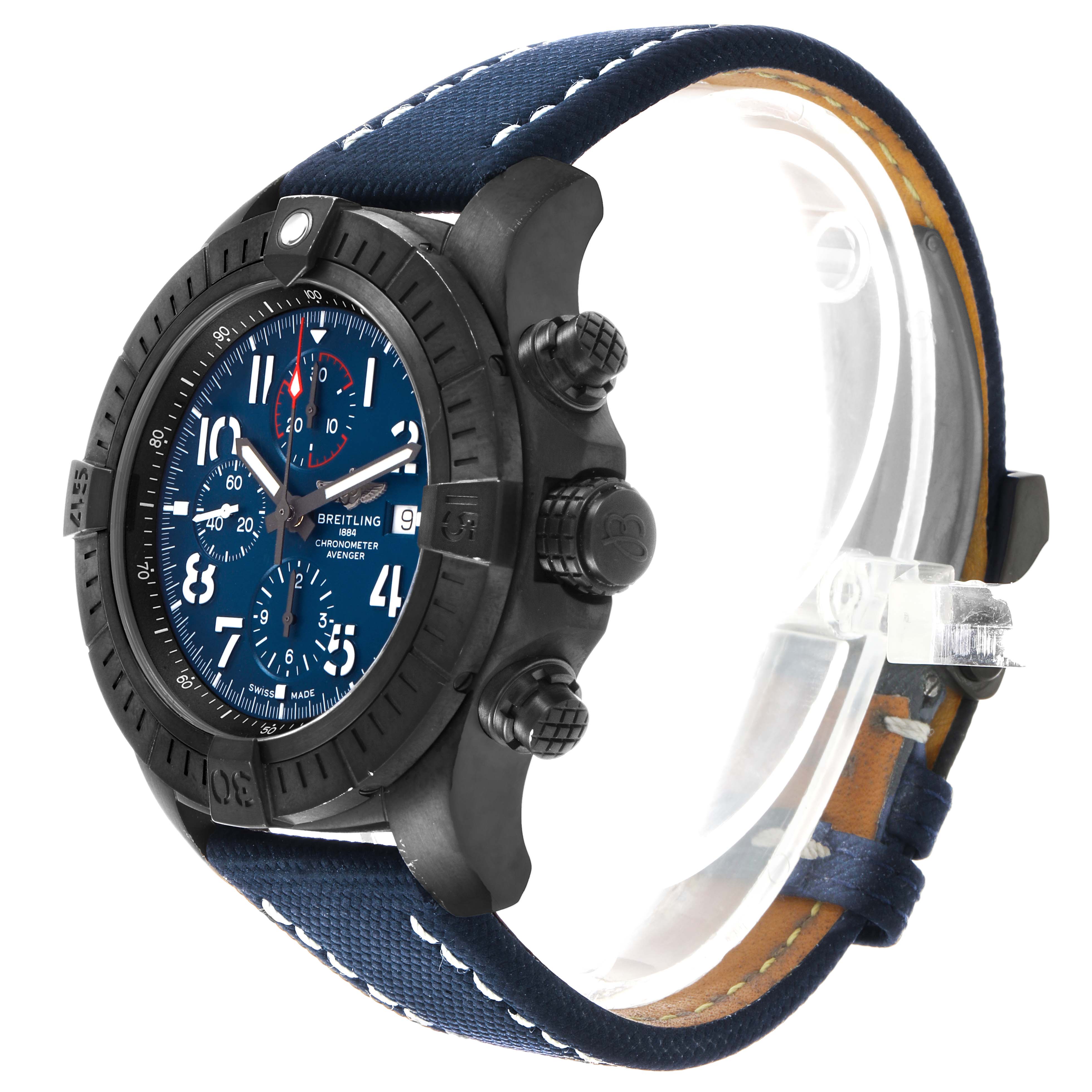 The Breitling Avenger V13375101C1X2 Men's Titanium Blue Dial watch is shown at an angle highlighting the face, bezel, crown, pushers, and fabric strap.