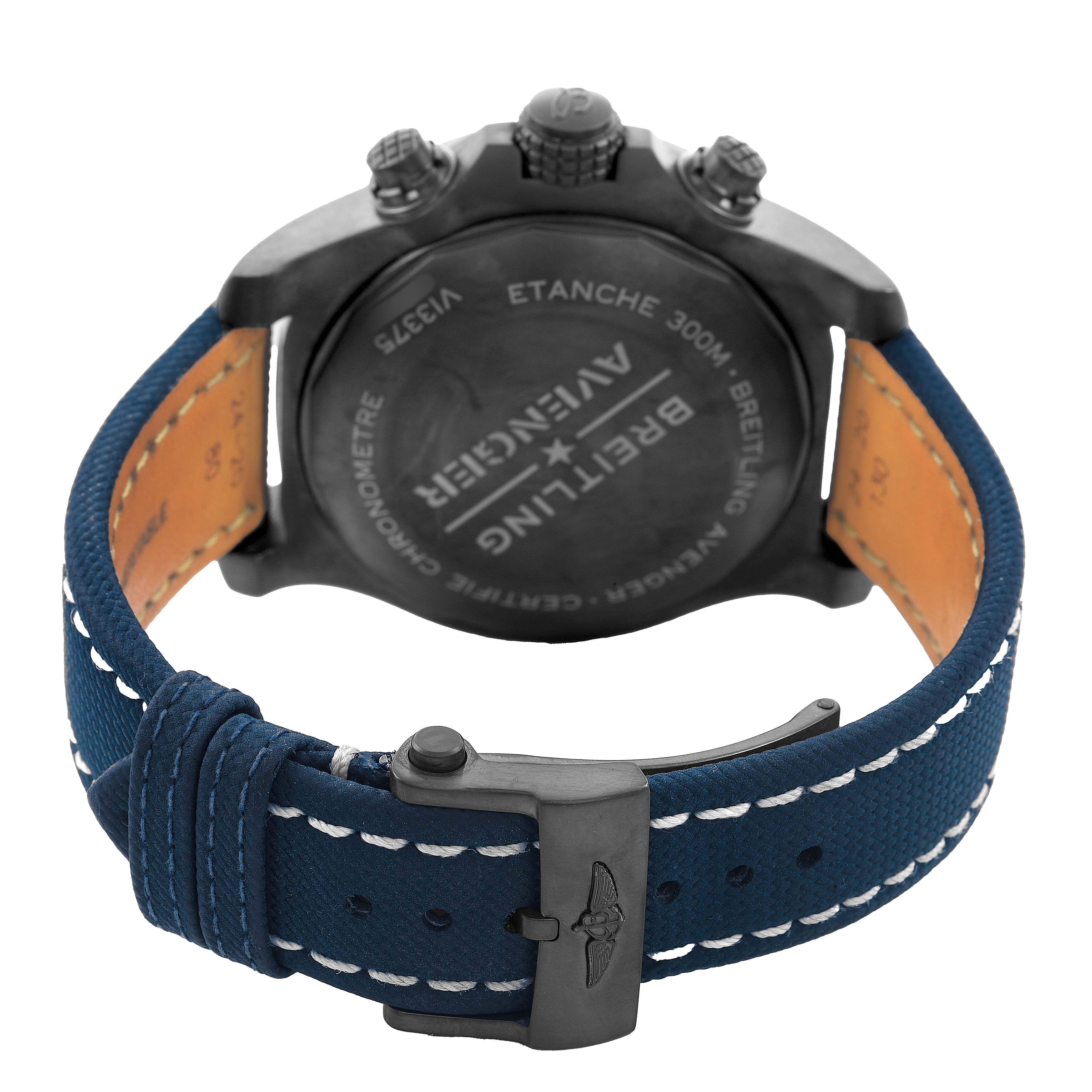 The image shows the back of the Breitling Avenger V13375101C1X2 Men's Titanium Blue Dial watch, focusing on the case back, buckle, and strap.