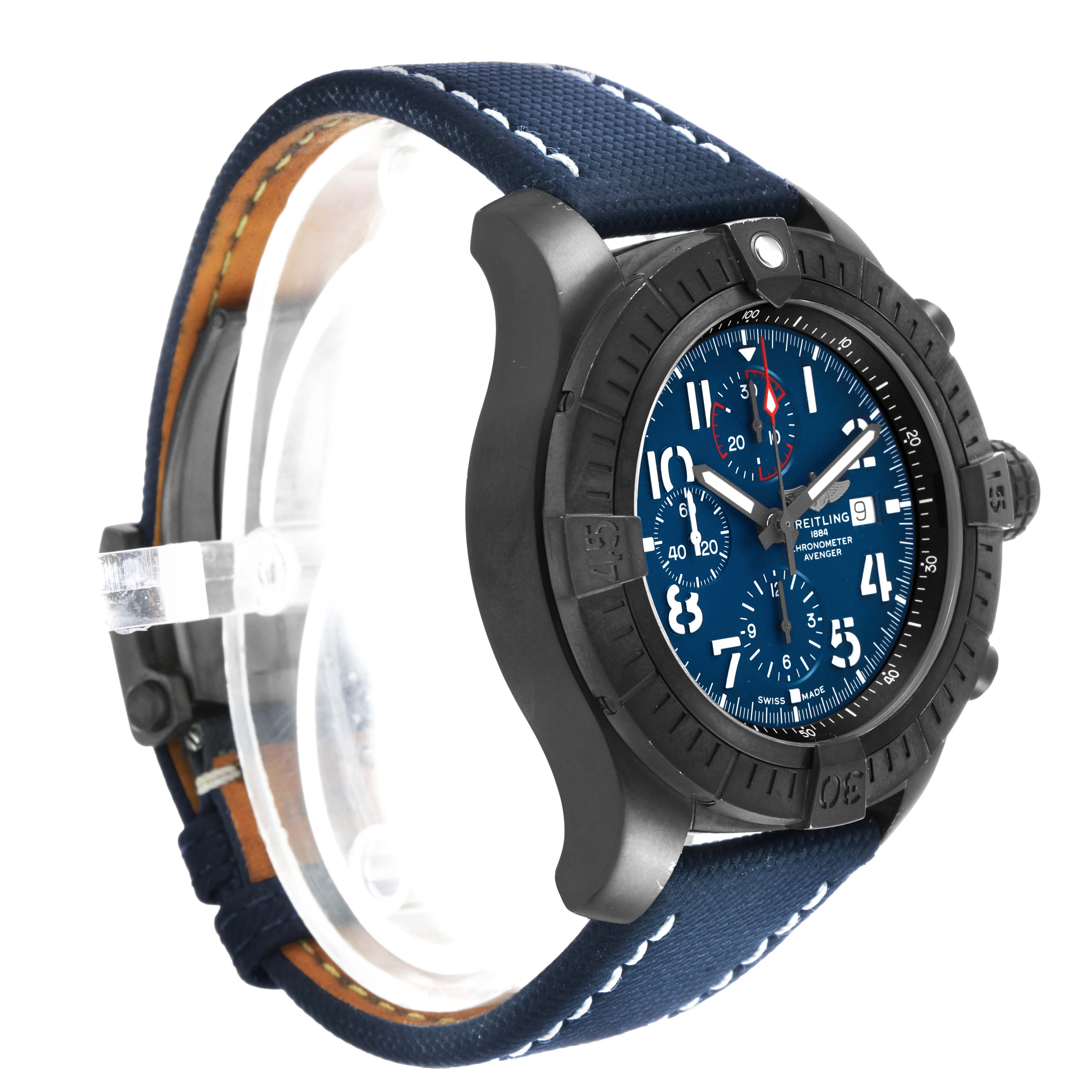 The Breitling Avenger V13375101C1X2 Men's Titanium Blue Dial watch is shown at a side angle featuring the case, bezel, dial, and part of the strap.