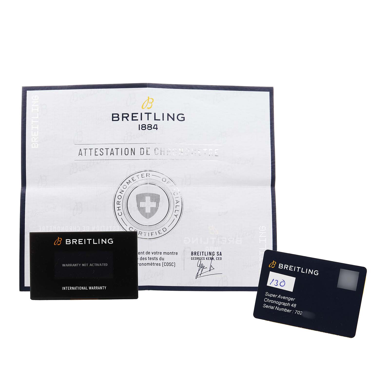 The image shows warranty cards and a certificate for the Breitling Avenger V13375101C1X2 Men's Titanium Blue Dial watch model.