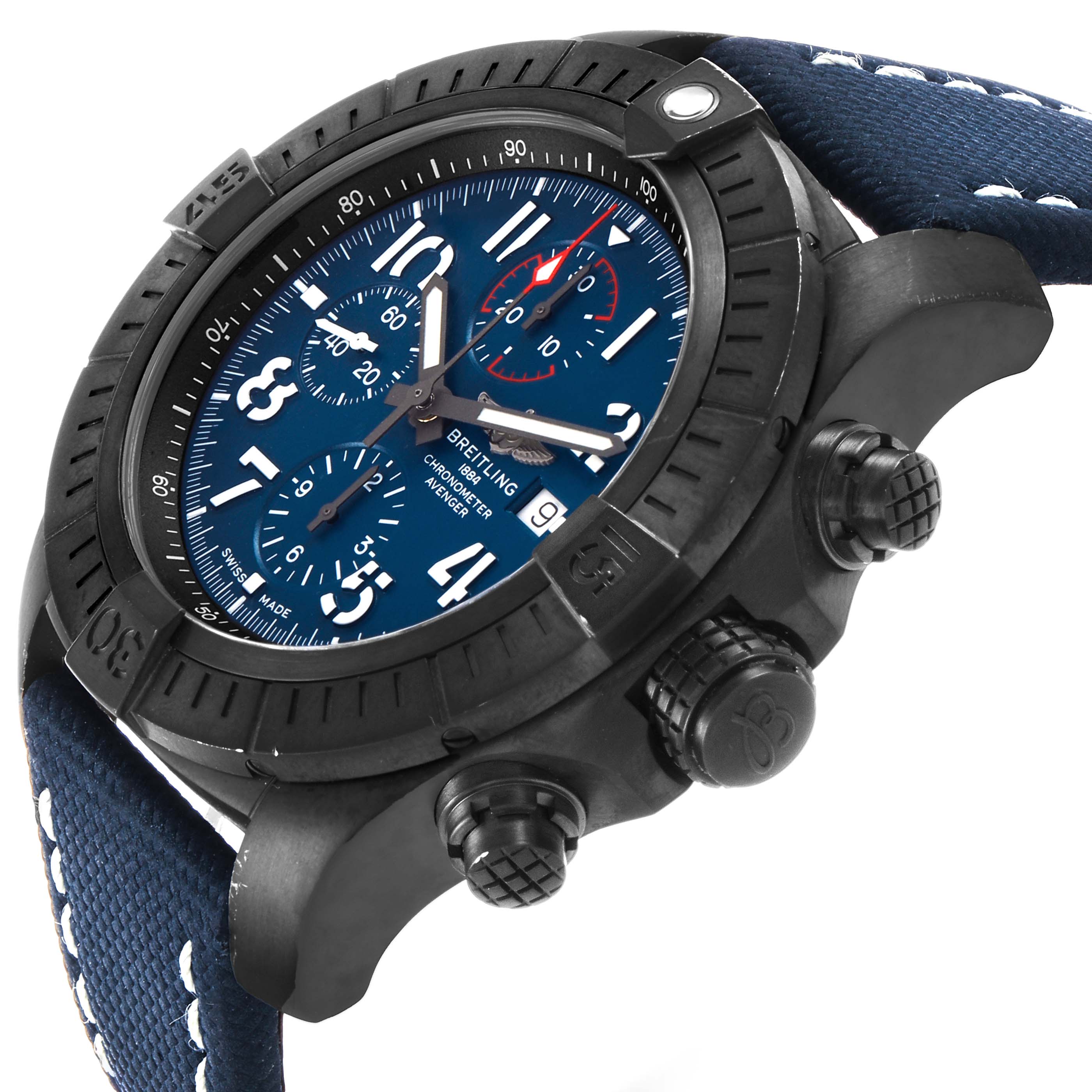 The Breitling Avenger V13375101C1X2 Men's Titanium Blue Dial watch is shown at an angle highlighting the bezel, blue dial, crown, pushers, and fabric strap.