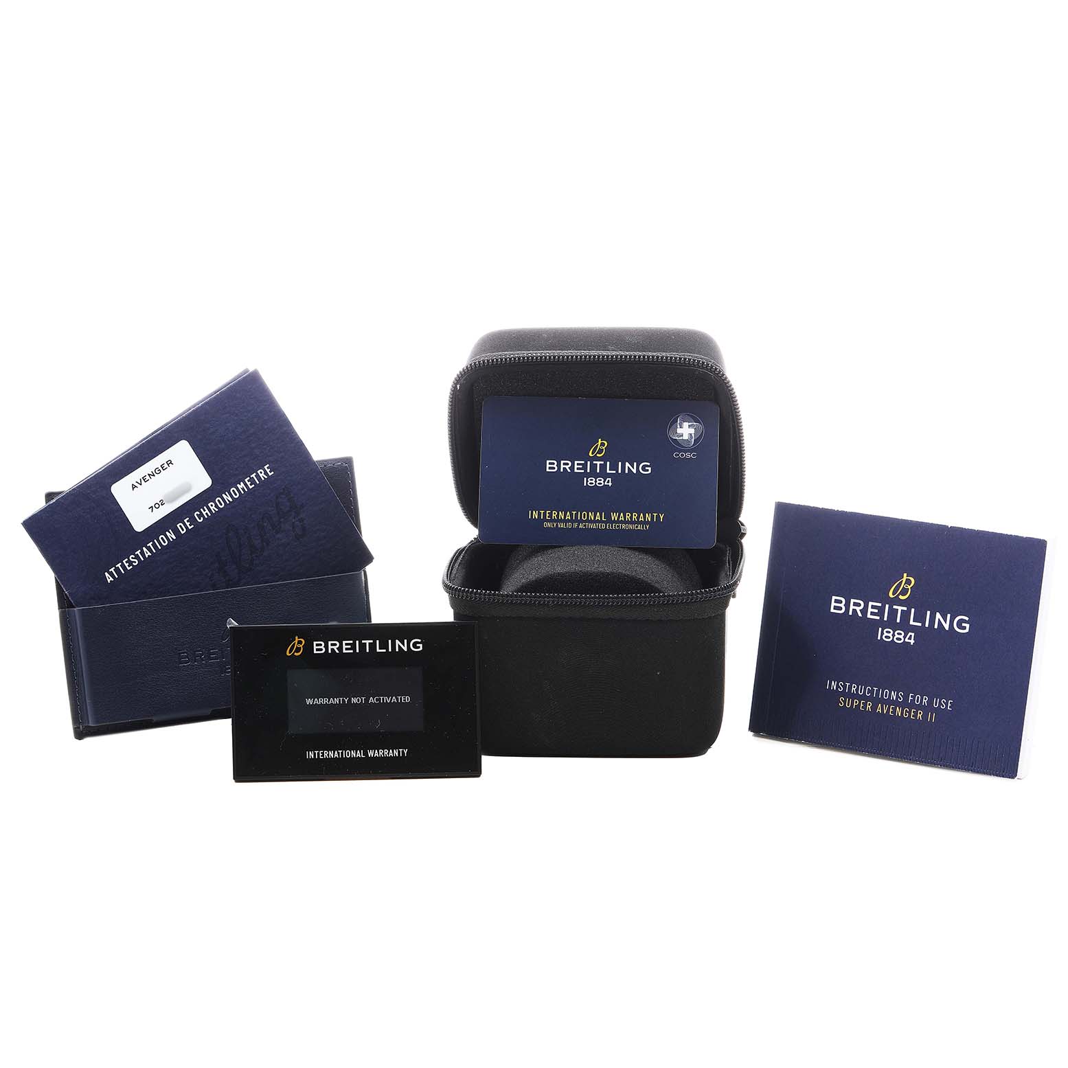 The image shows accessories for a Breitling Avenger V13375101C1X2 Men's Titanium Blue Dial watch, including warranty cards, manuals, and a case, viewed from the front.