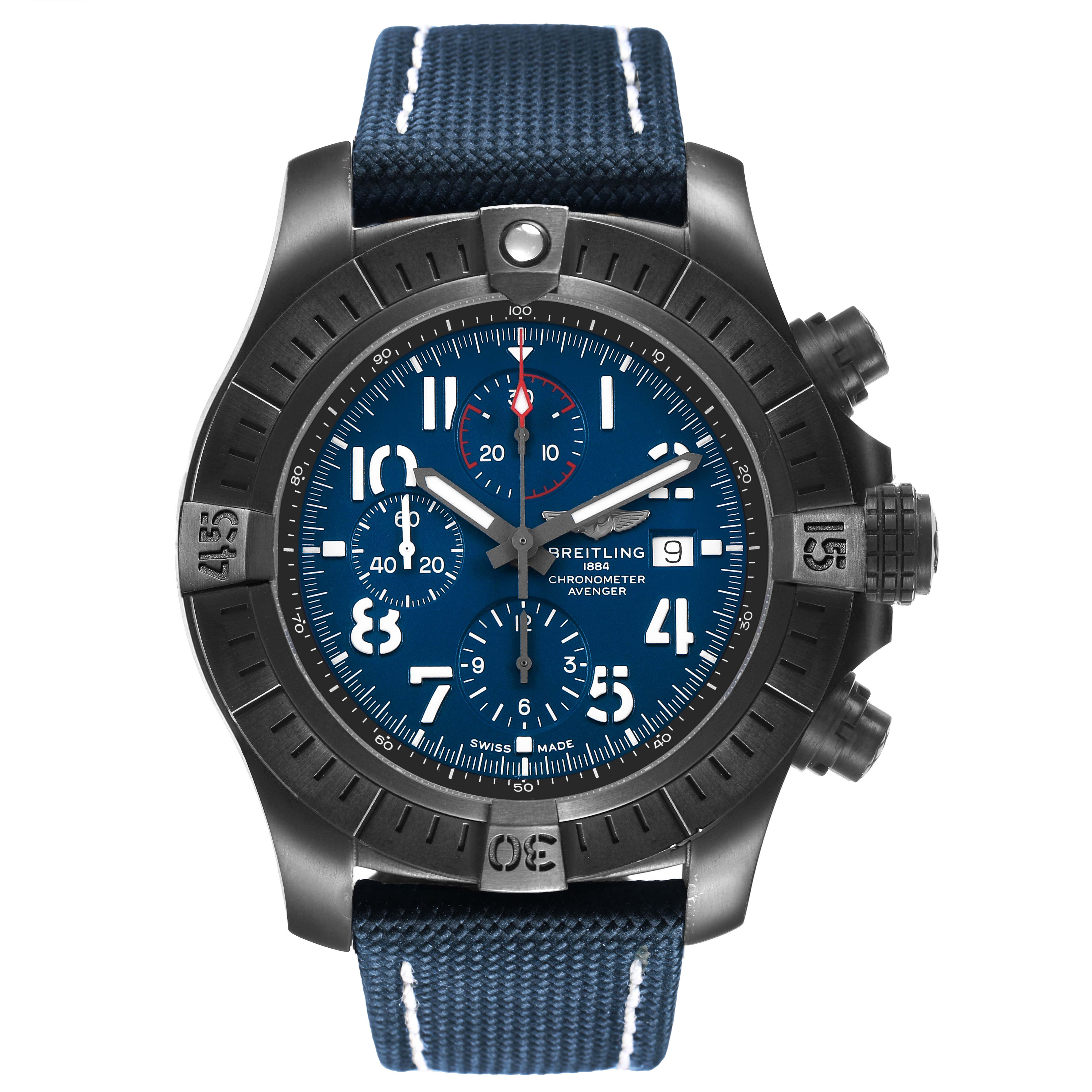 The Breitling Avenger V13375101C1X2 Men's Titanium Blue Dial watch is shown from a top view, displaying the face, bezel, pushers, and blue strap.