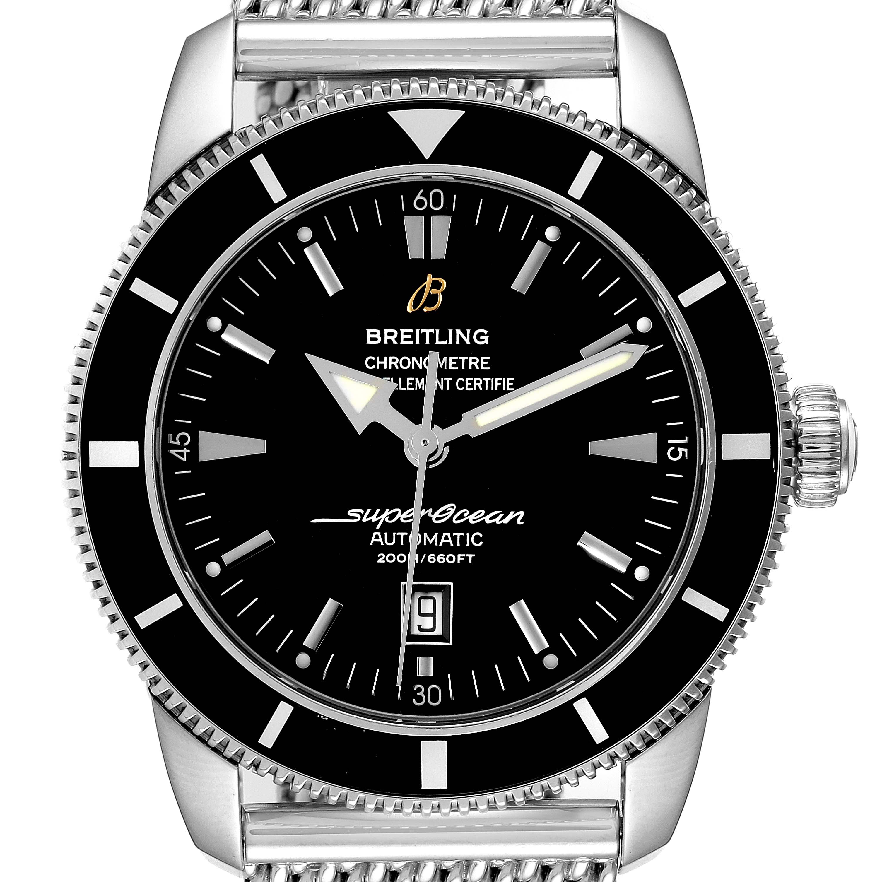 The Breitling Superocean A17320 Men's Stainless Steel Black Dial A17320 Men's Stainless Steel Black Dial watch is shown from the front, displaying its black dial, bezel, crown, and a portion of the metal bracelet.