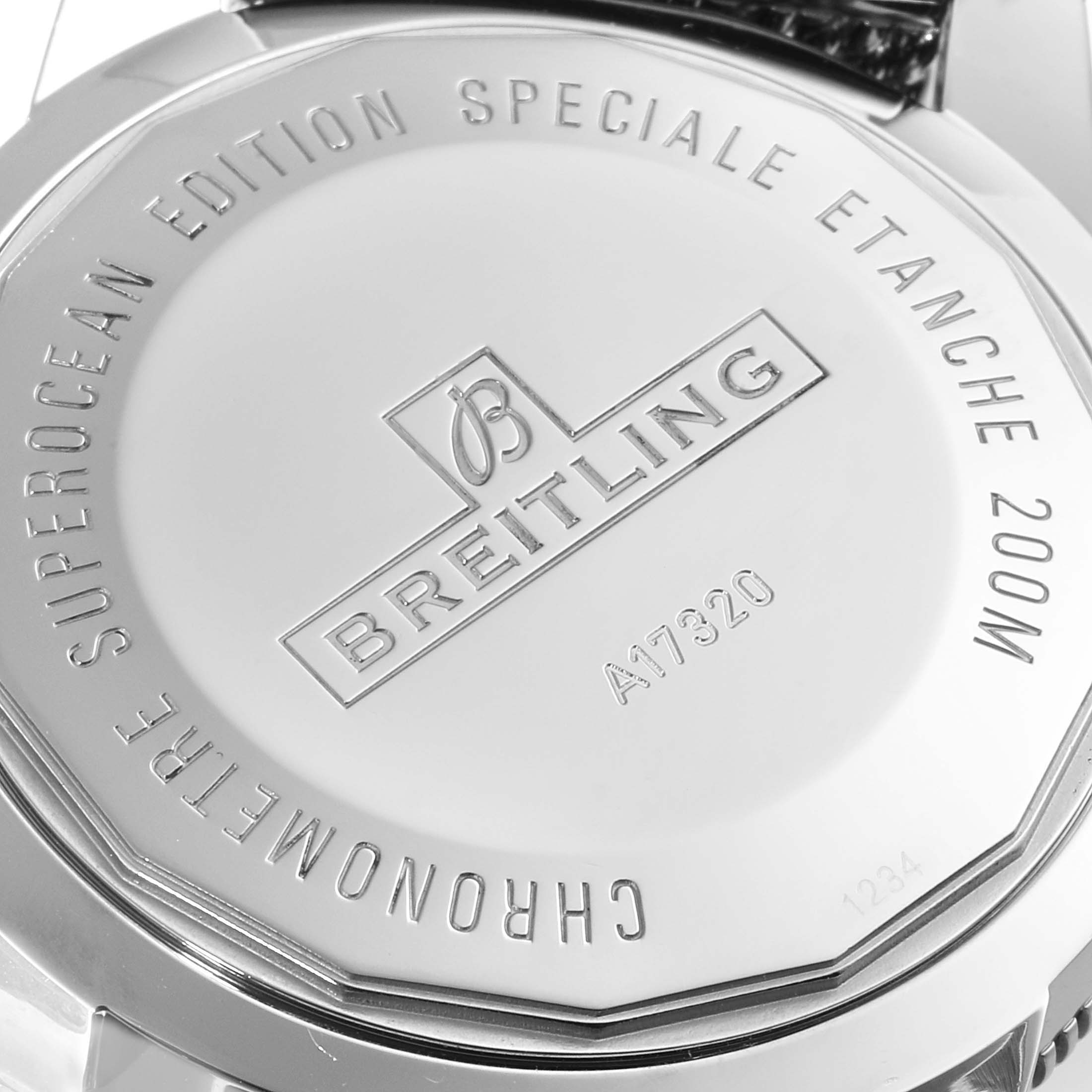 The image shows the back case of a Breitling Superocean A17320 Men's Stainless Steel Black Dial A17320 Men's Stainless Steel Black Dial watch, highlighting the brand and model engravings.