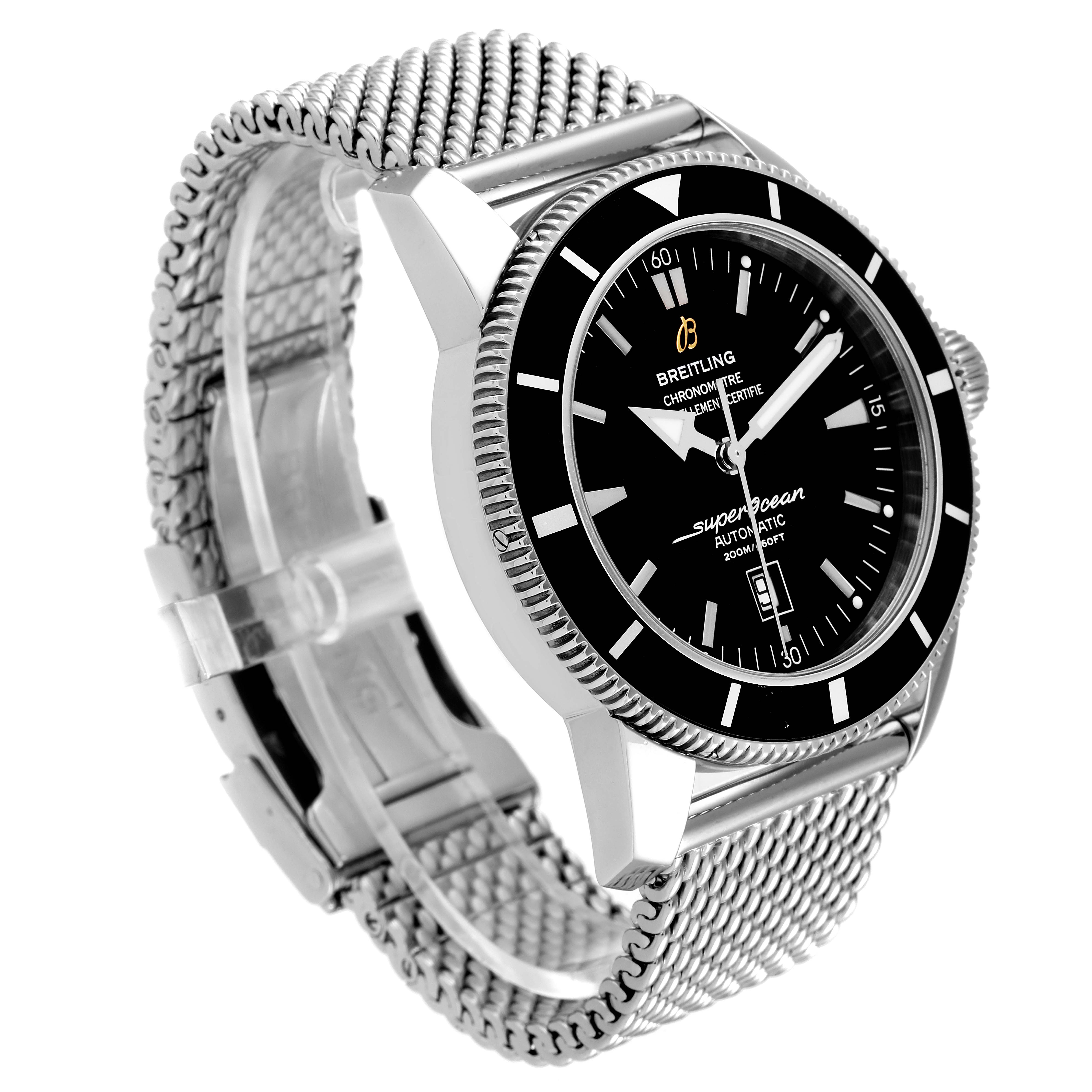 The image shows a side profile of the Breitling Superocean A17320 Men's Stainless Steel Black Dial A17320 Men's Stainless Steel Black Dial watch, highlighting its dial, bezel, mesh strap, and clasp.