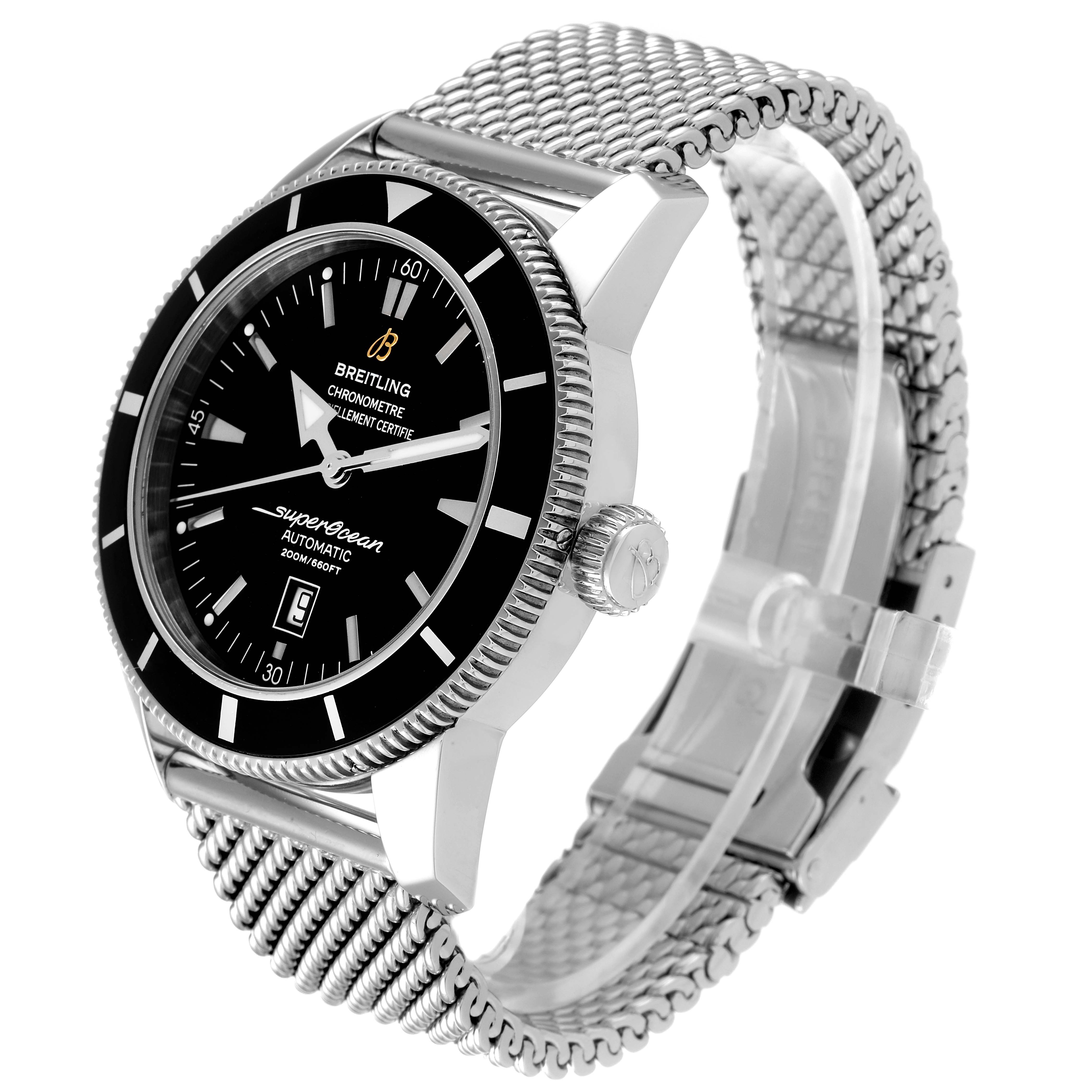 The image shows a Breitling Superocean A17320 Men's Stainless Steel Black Dial A17320 Men's Stainless Steel Black Dial watch at a three-quarter angle, highlighting the dial, bezel, crown, and mesh bracelet.