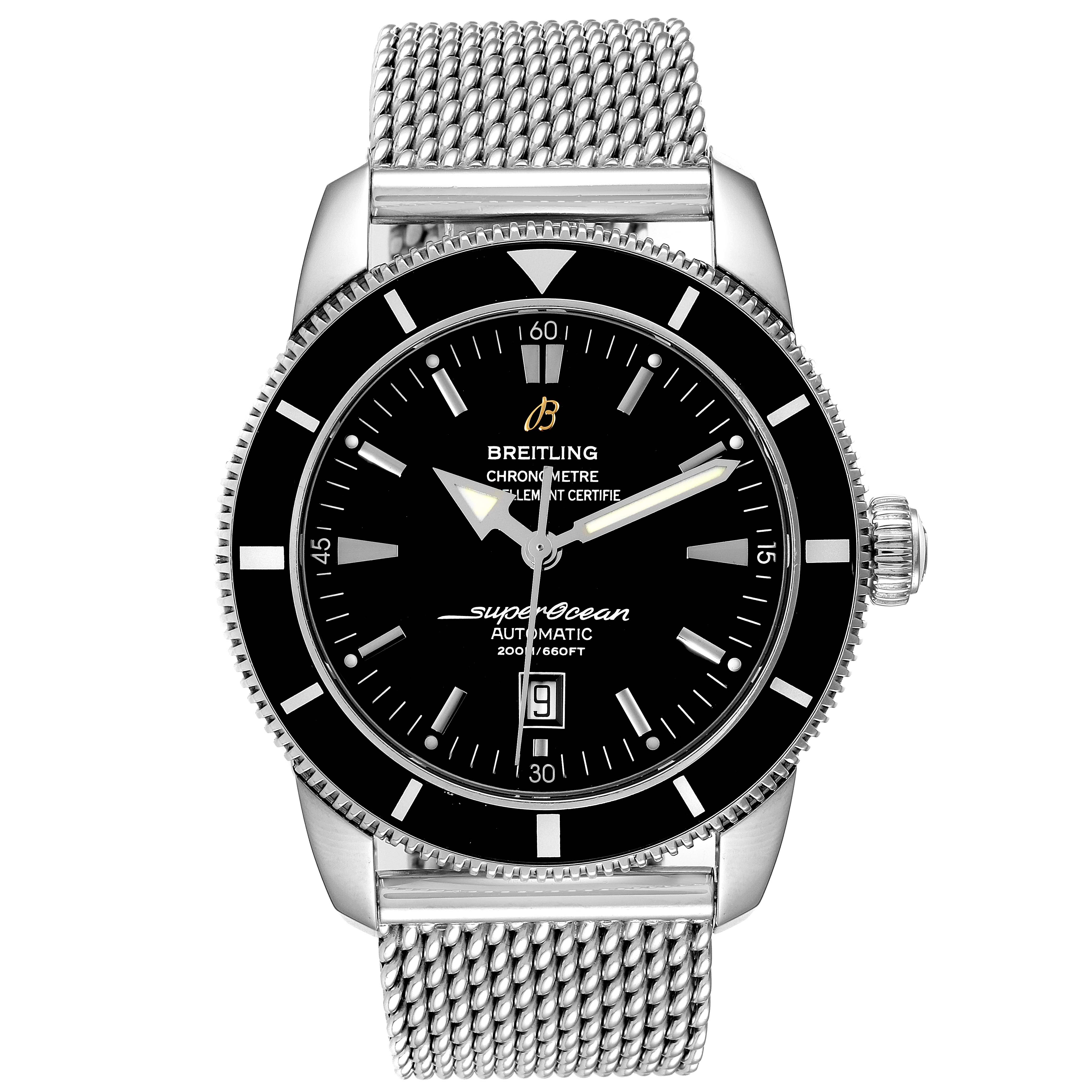 This image shows a front view of the Breitling Superocean A17320 Men's Stainless Steel Black Dial A17320 Men's Stainless Steel Black Dial watch with a mesh stainless steel bracelet.